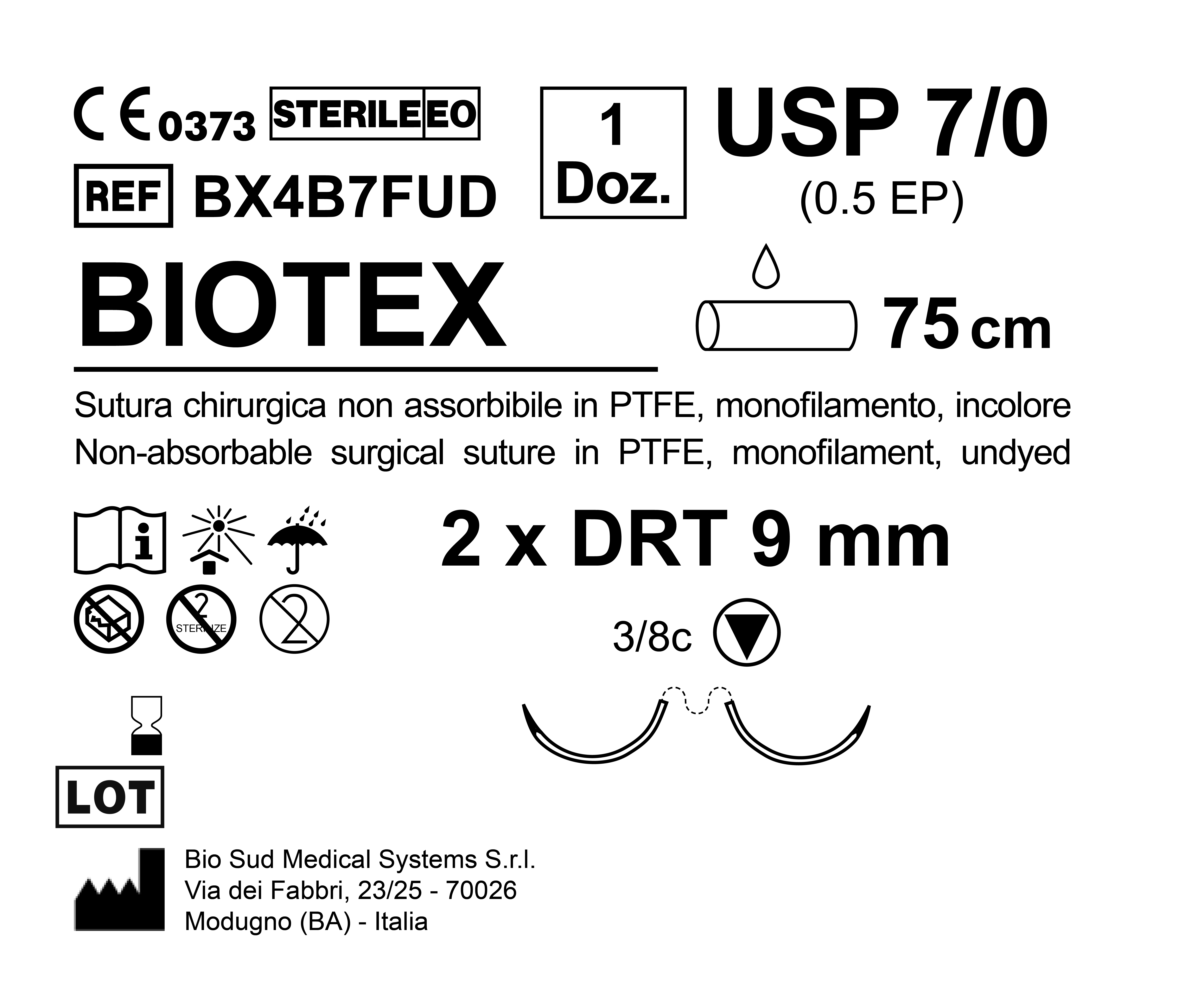 Sutura Biotex DRT 9 USP 7-0 - EP 0.5 75 cm Undyed Double Armed  N.12 Bs. per Box