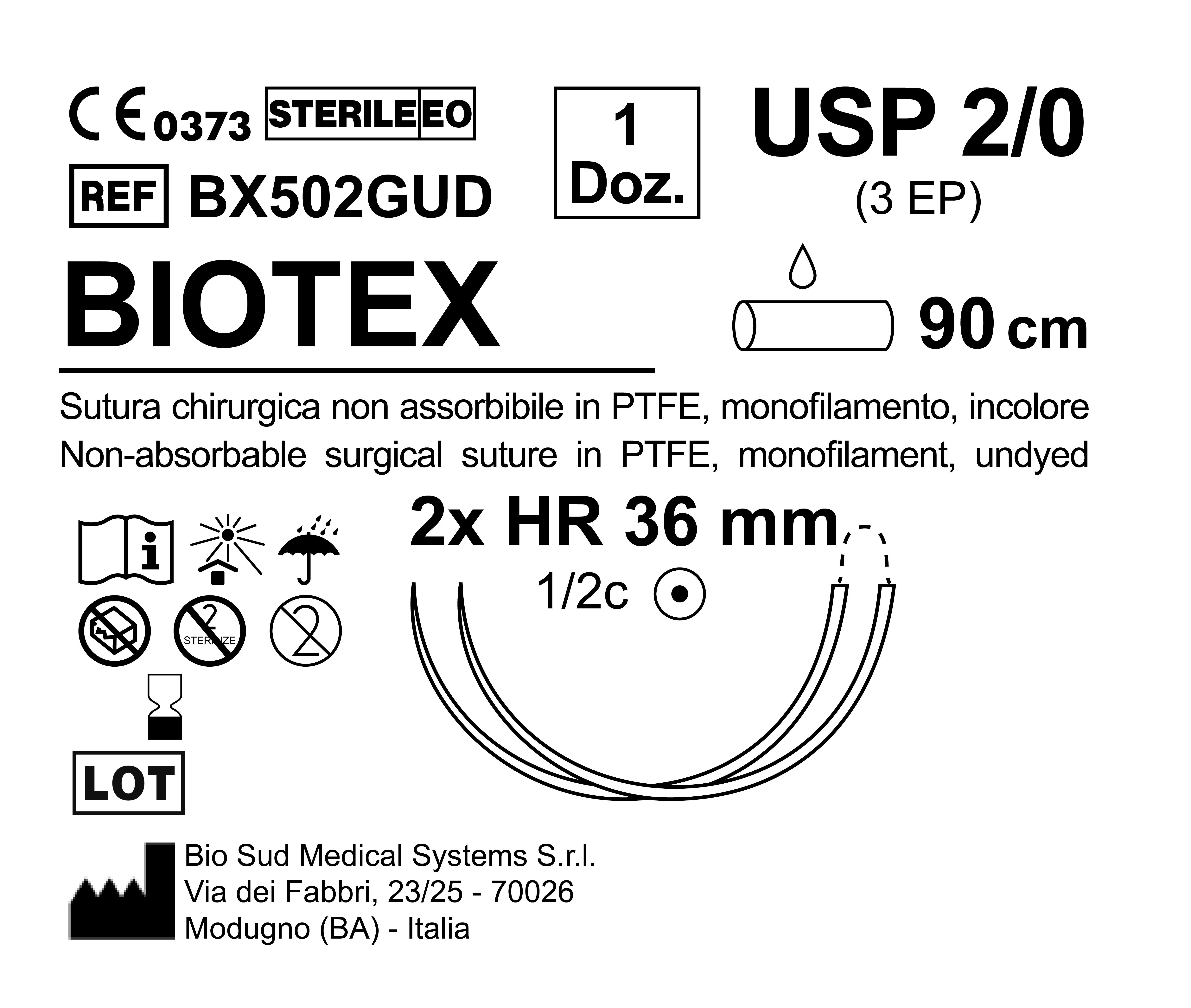 Sutura Biotex HR 36 USP 2-0 - EP 3 90 cm Undyed Double Armed  N.12 Bs. per Box