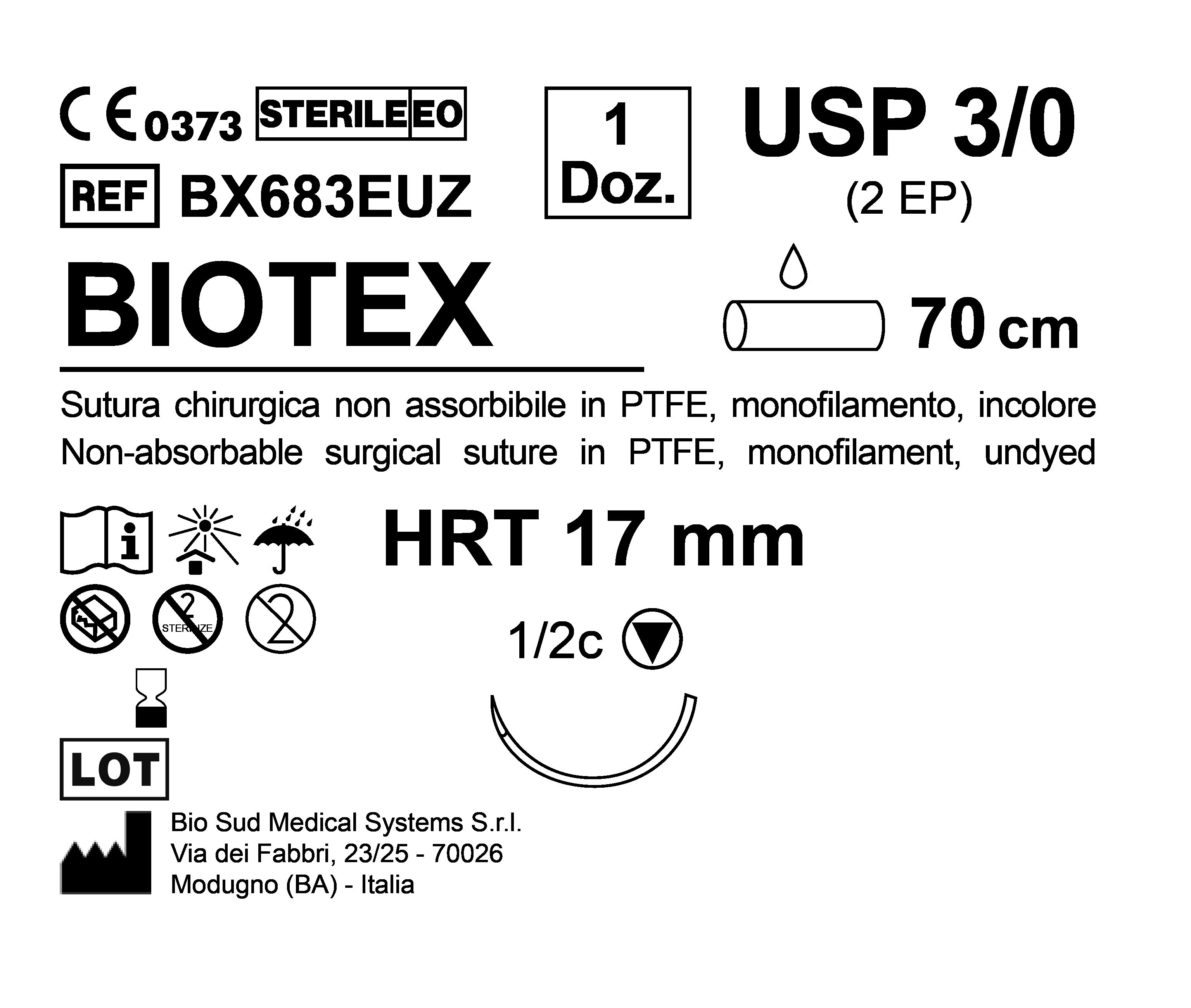 Sutura Biotex HRT 17 USP 3-0 - EP 2 70 cm Undyed Box 12 pcs