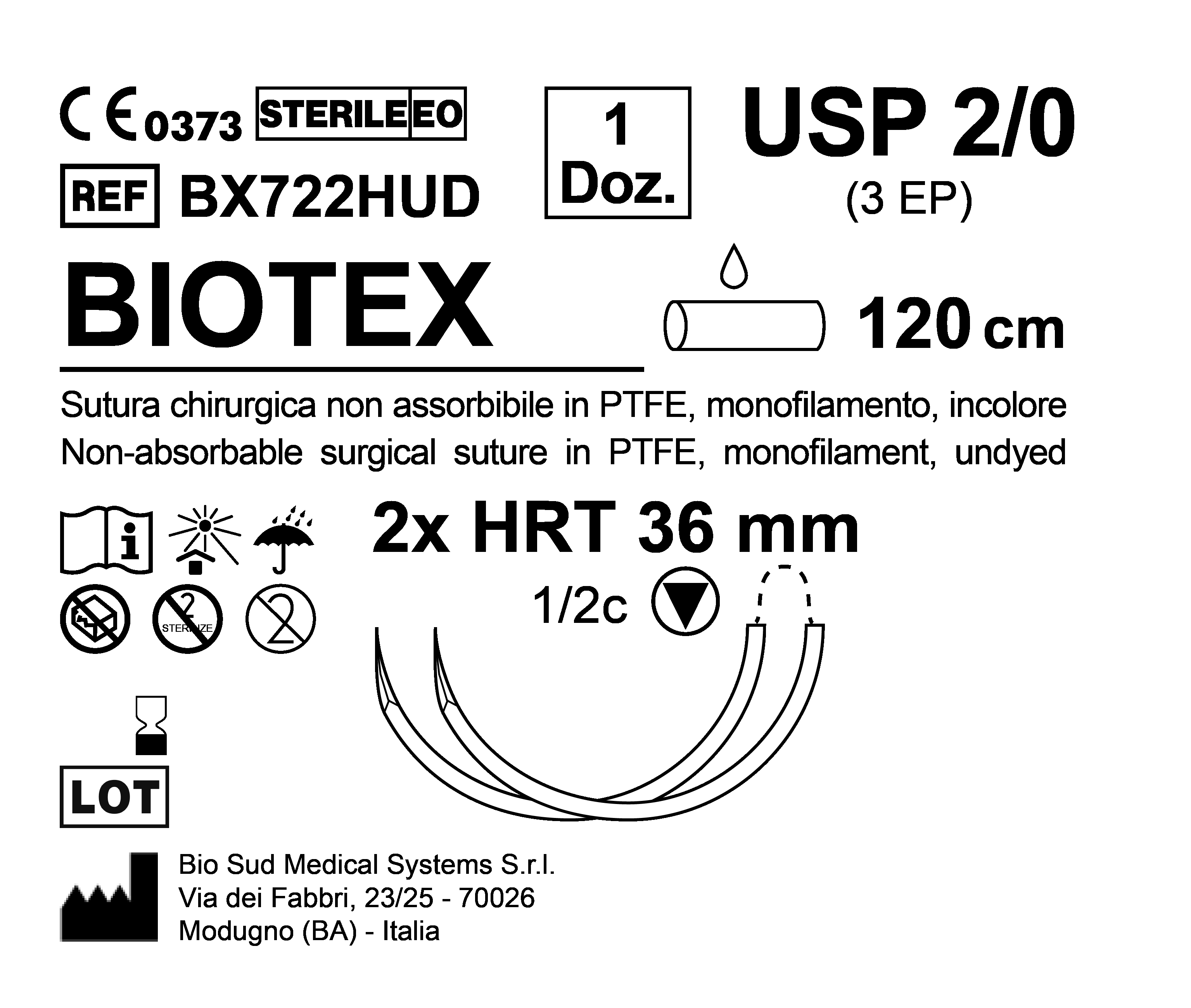 Sutura Biotex HRT 36 USP 2-0 - EP 3 120 cm Undyed Double Armed  N.12 Bs. per Box