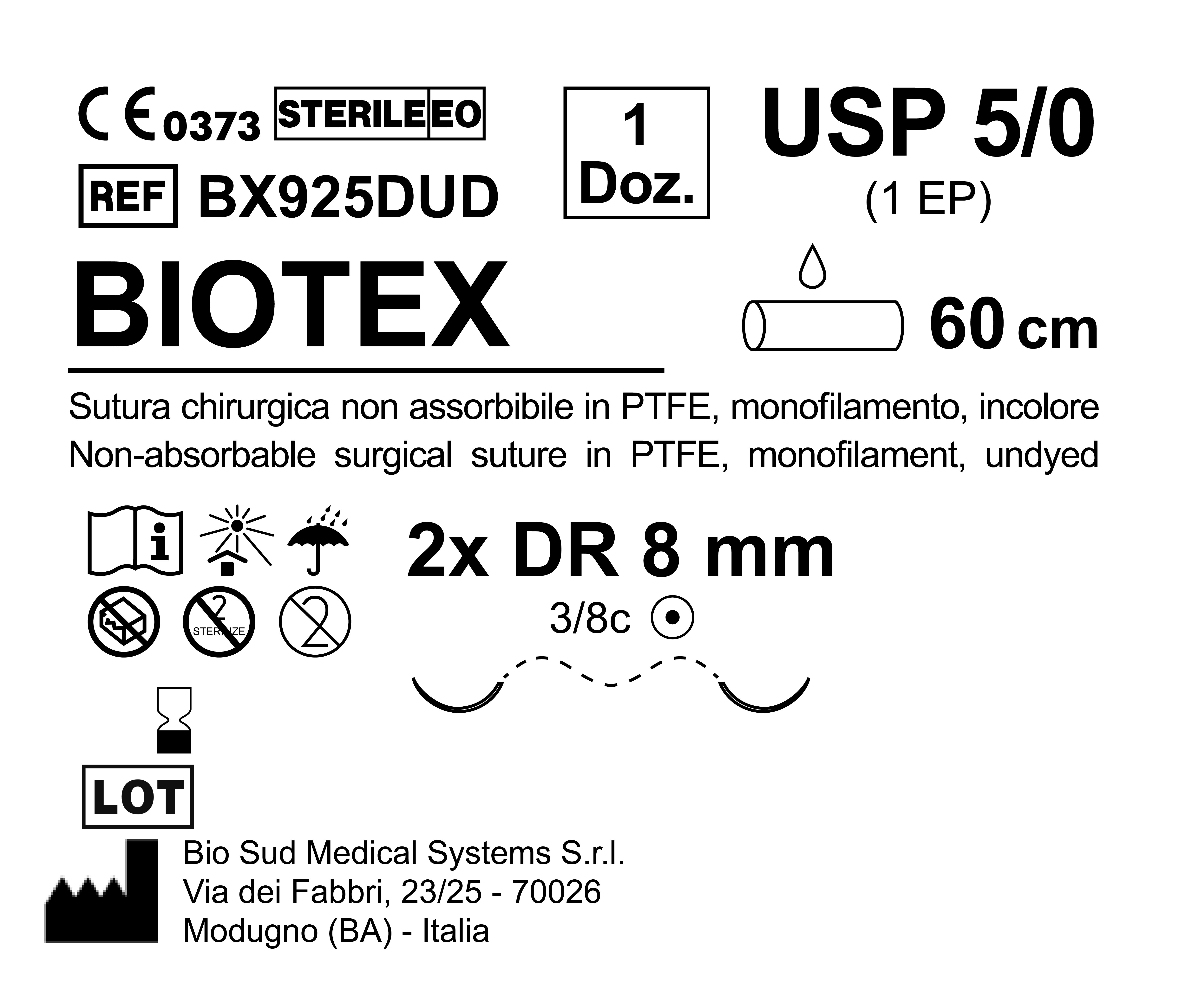 Sutura Biotex DR 8 USP 5-0 - EP 1 60 cm Undyed Double Armed; N.12 Bs. per Box