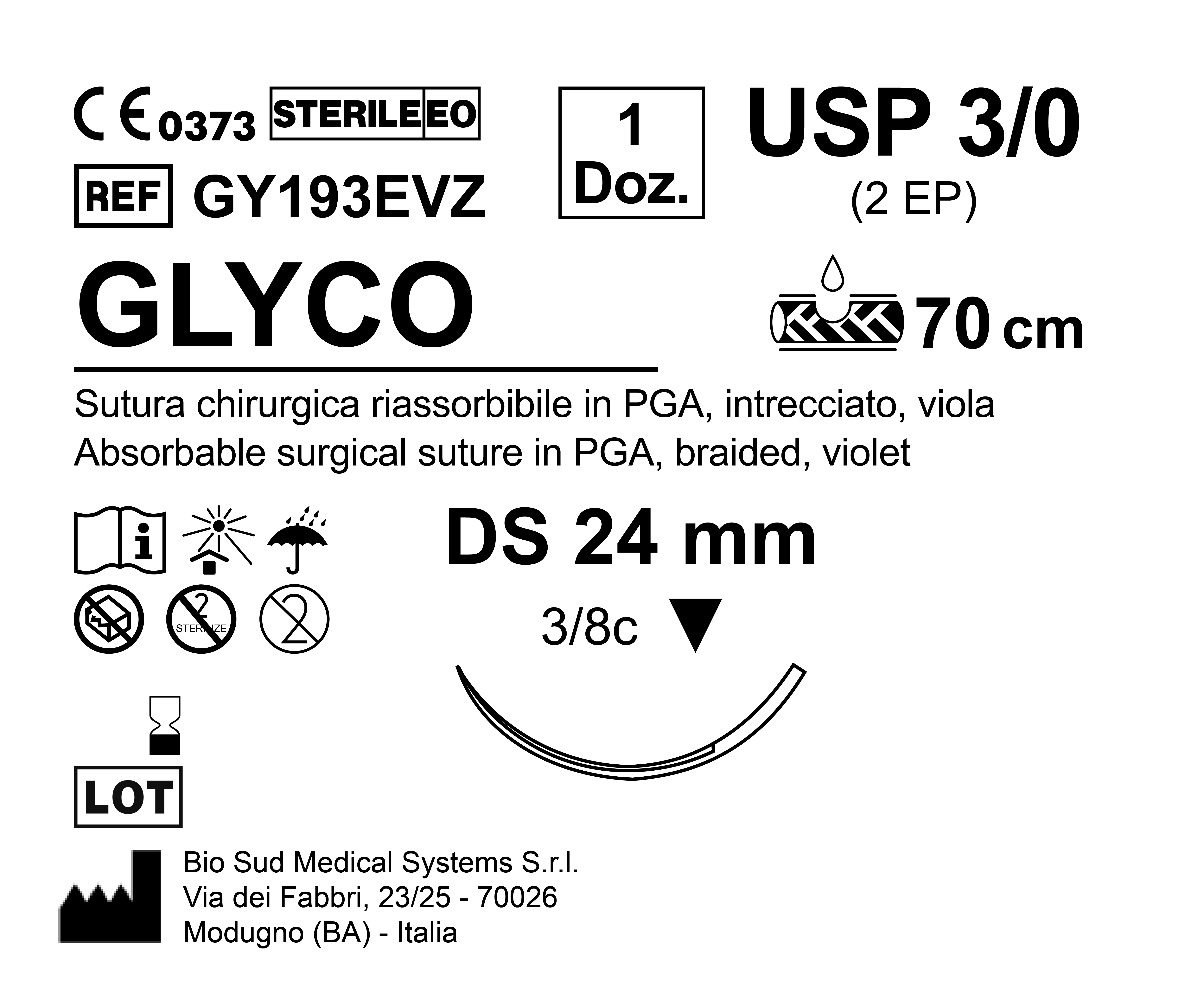 Sutura Glyco DS 24 USP 3-0 - EP 2 70 cm Violet Box 12 pcs