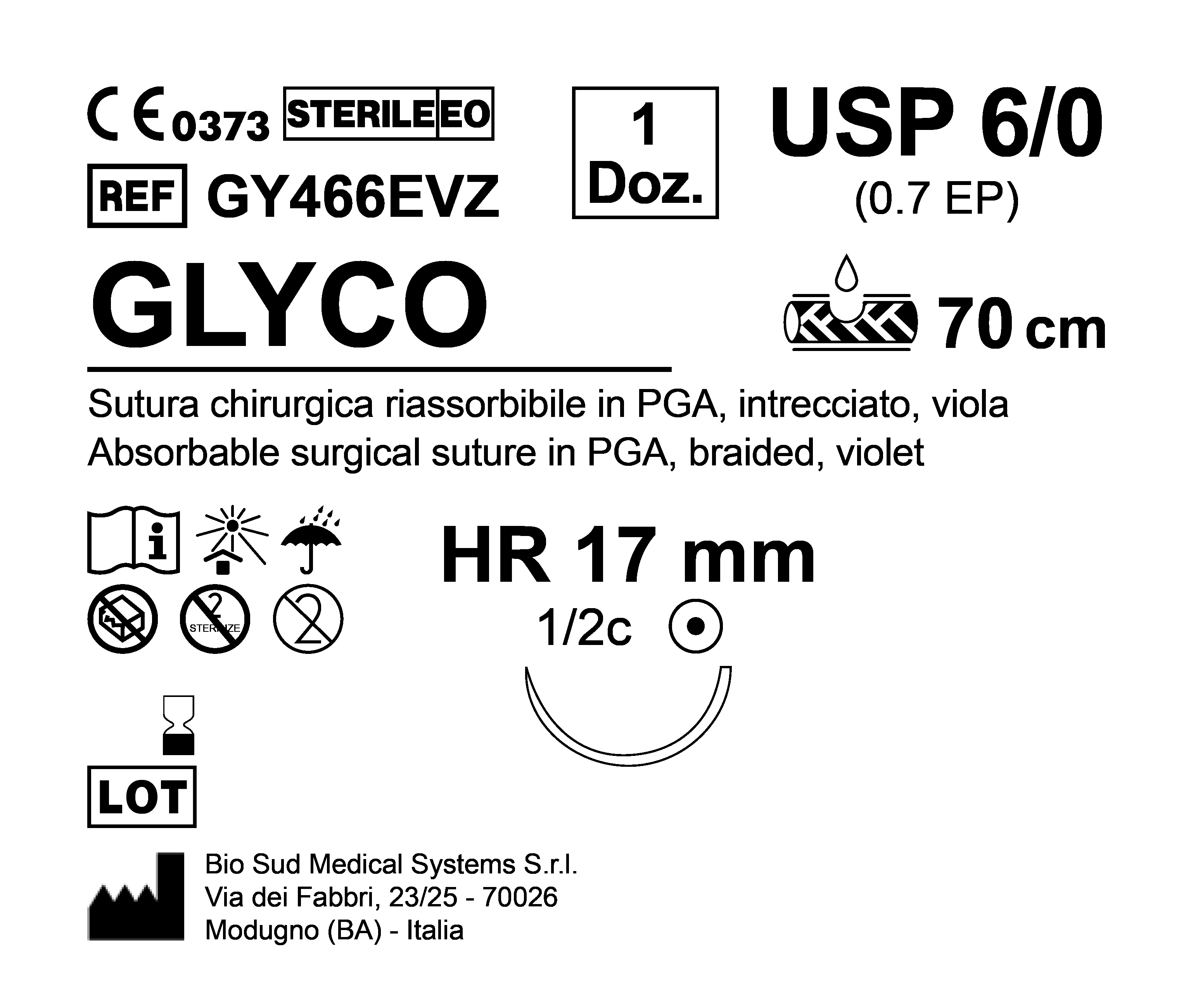 Sutura Glyco HR 17 USP 6-0 - EP 0.7 70 cm Violet Box 12 pcs