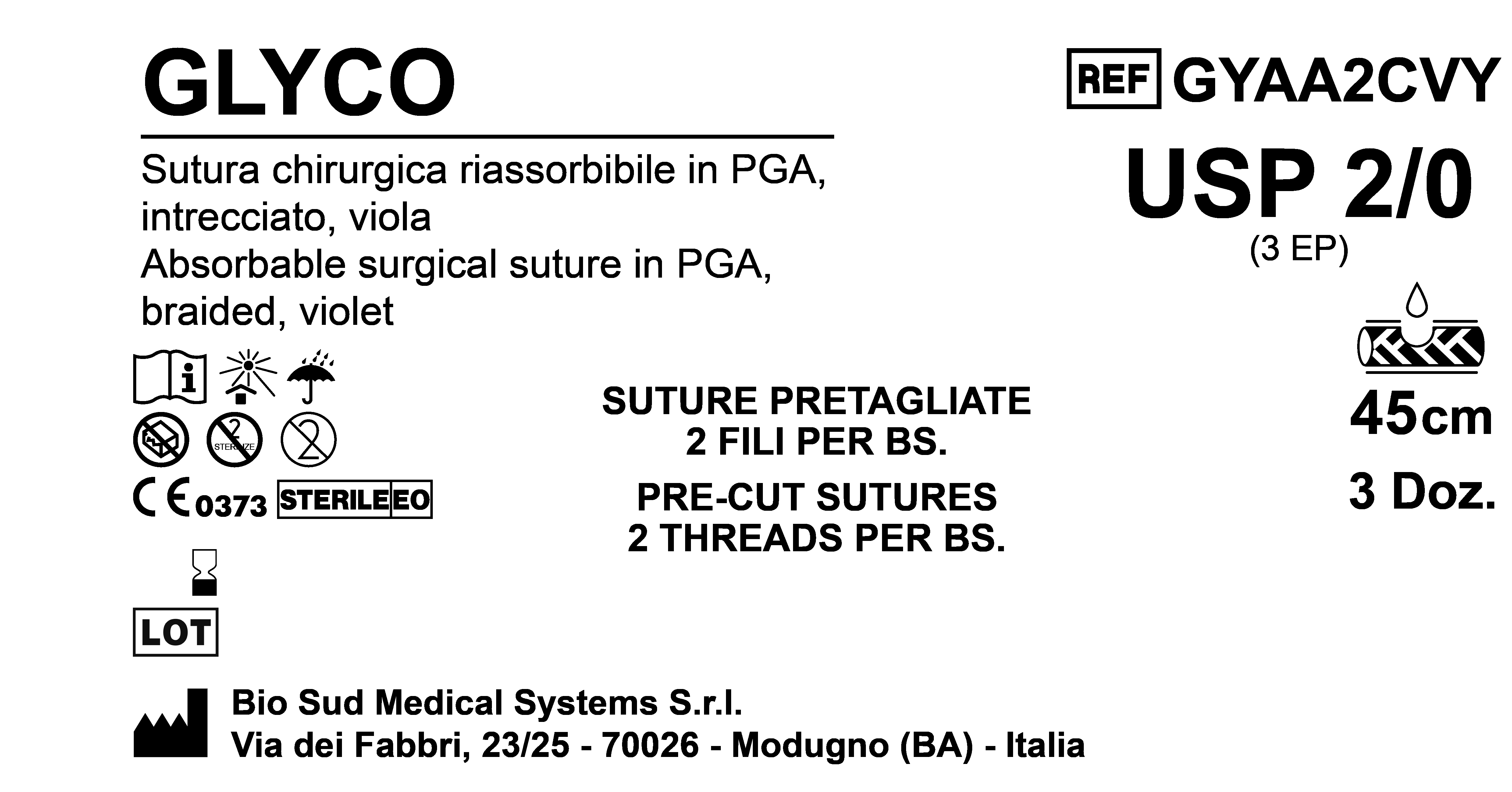 Sutura Glyco Precutted USP 2-0 - EP 3 45 cm Violet Bs. 36 x 2 threads