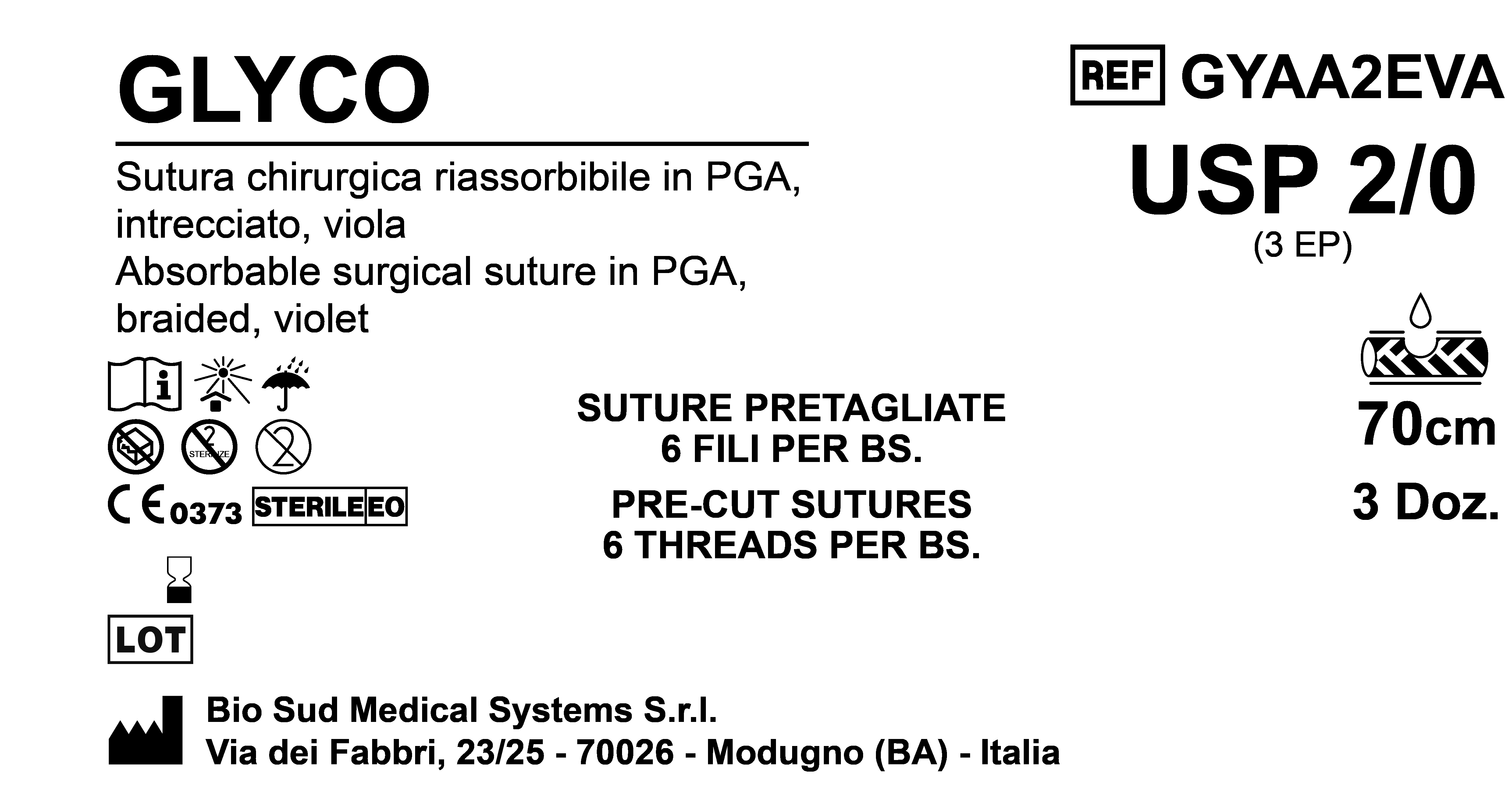 Sutura Glyco Precutted Sterile USP 2-0 - EP 3 70 cm Violet Bs. 36 x 6 Threads