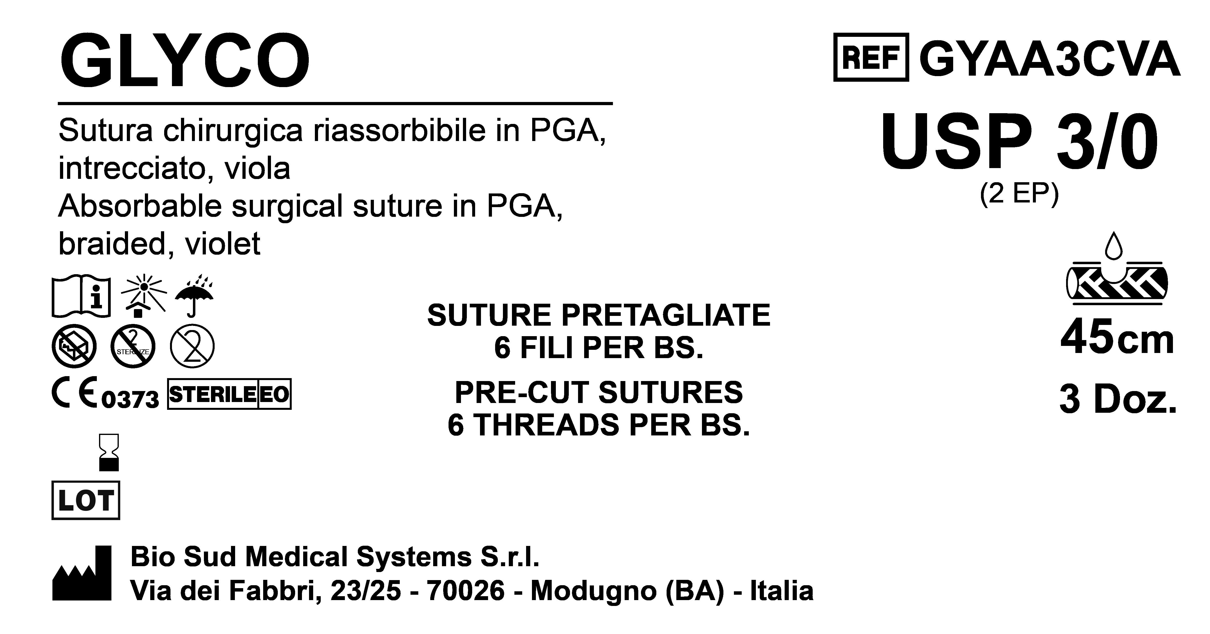Sutura Glyco Precutted USP 3-0 - EP 2 45 cm Violet Bs. 36 x 6 Threads