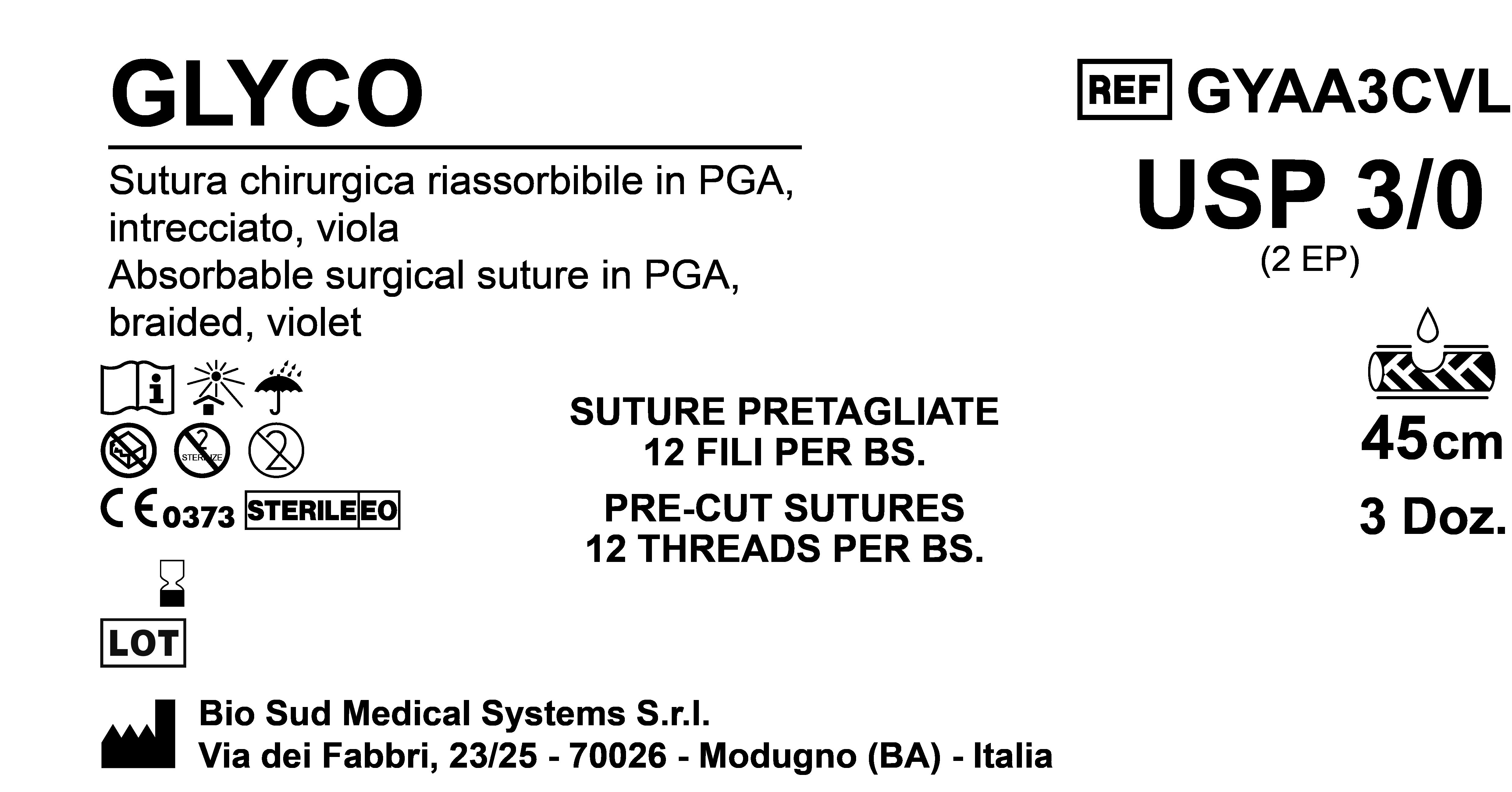 Sutura Glyco Precutted USP 3-0 - EP 2 45 cm Violet Bs. 36 x 12 threads