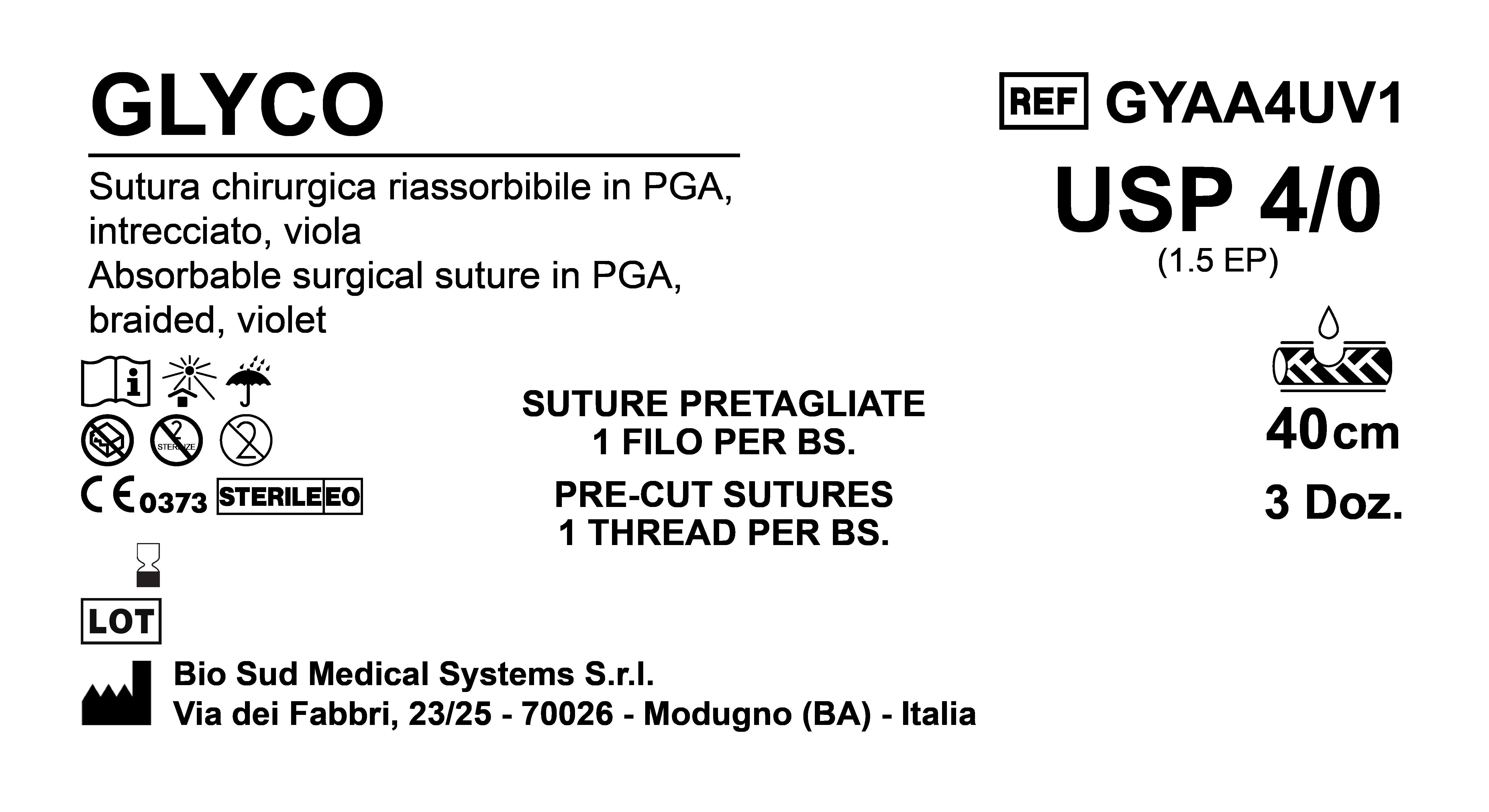 Sutura Glyco Precutted USP 4-0  - EP 1.5 140 cm Violet Box 36 pcs