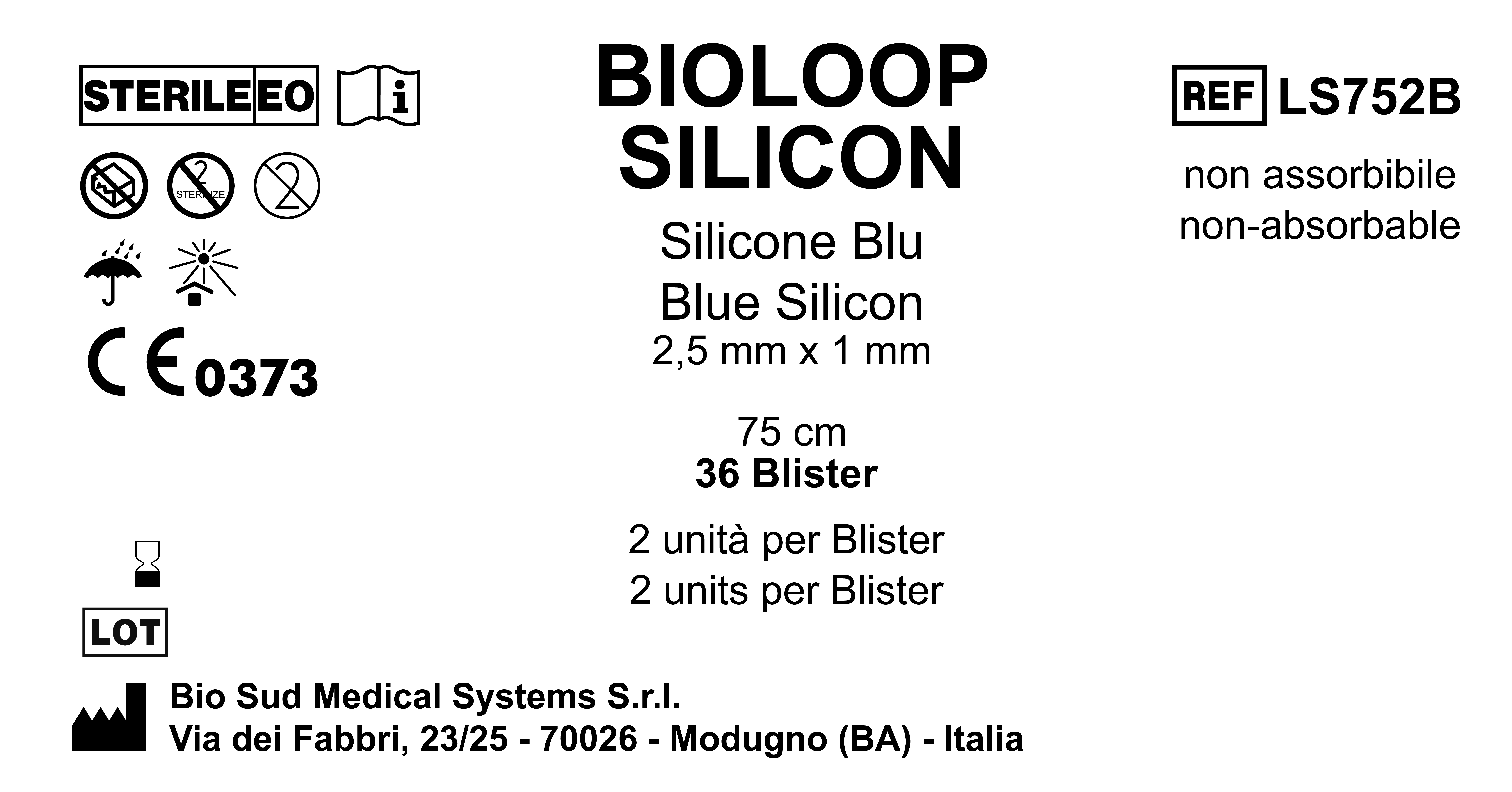 Bioloop Silicon 75 cm x 2.5 mm x 1 mm Blue Box 36 blisters  2 pcs/pounch