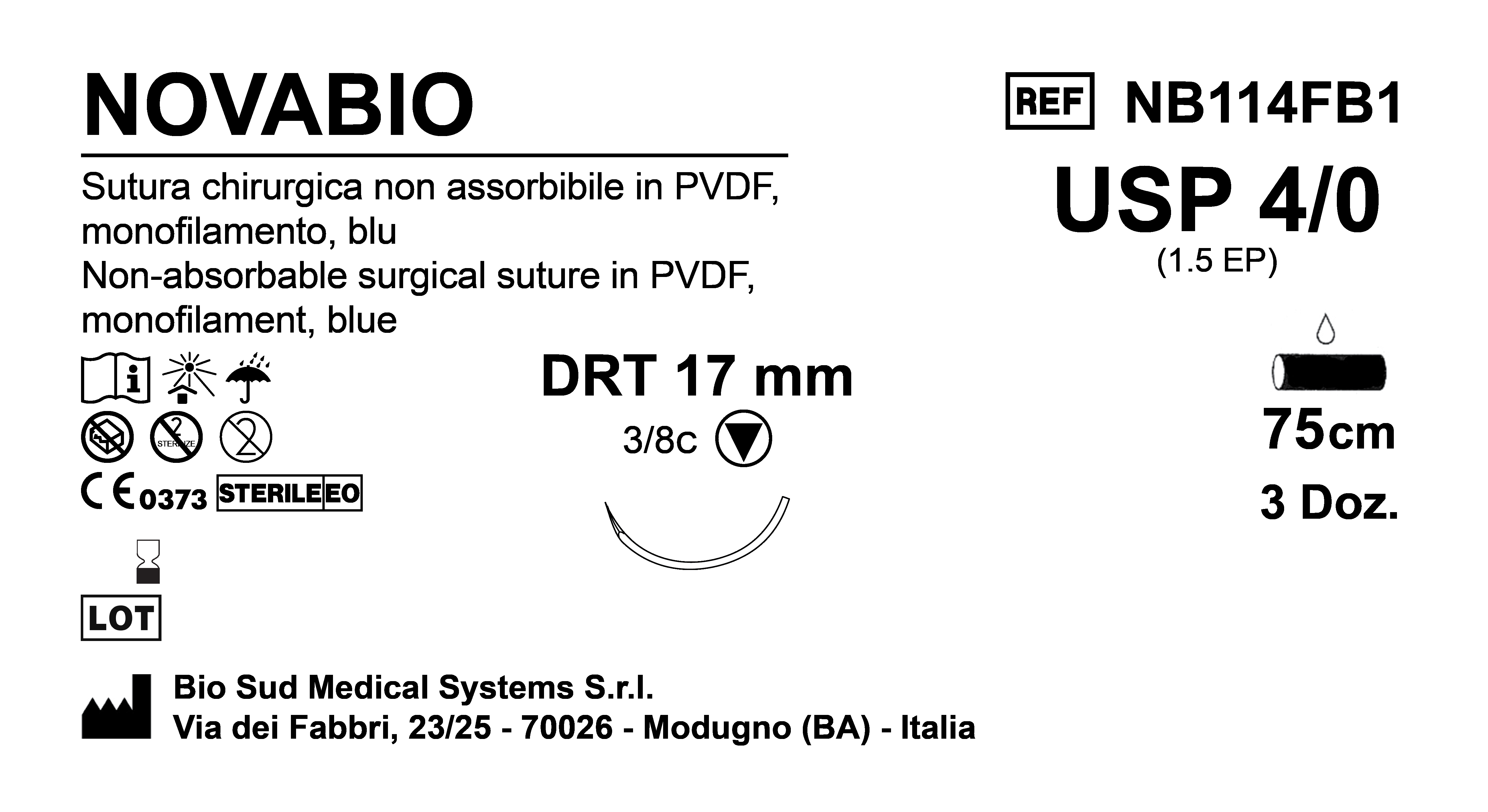 Sutura Novabio DRT 17 USP 4-0  - EP 1.5 75 cm Blue Box 36 pcs