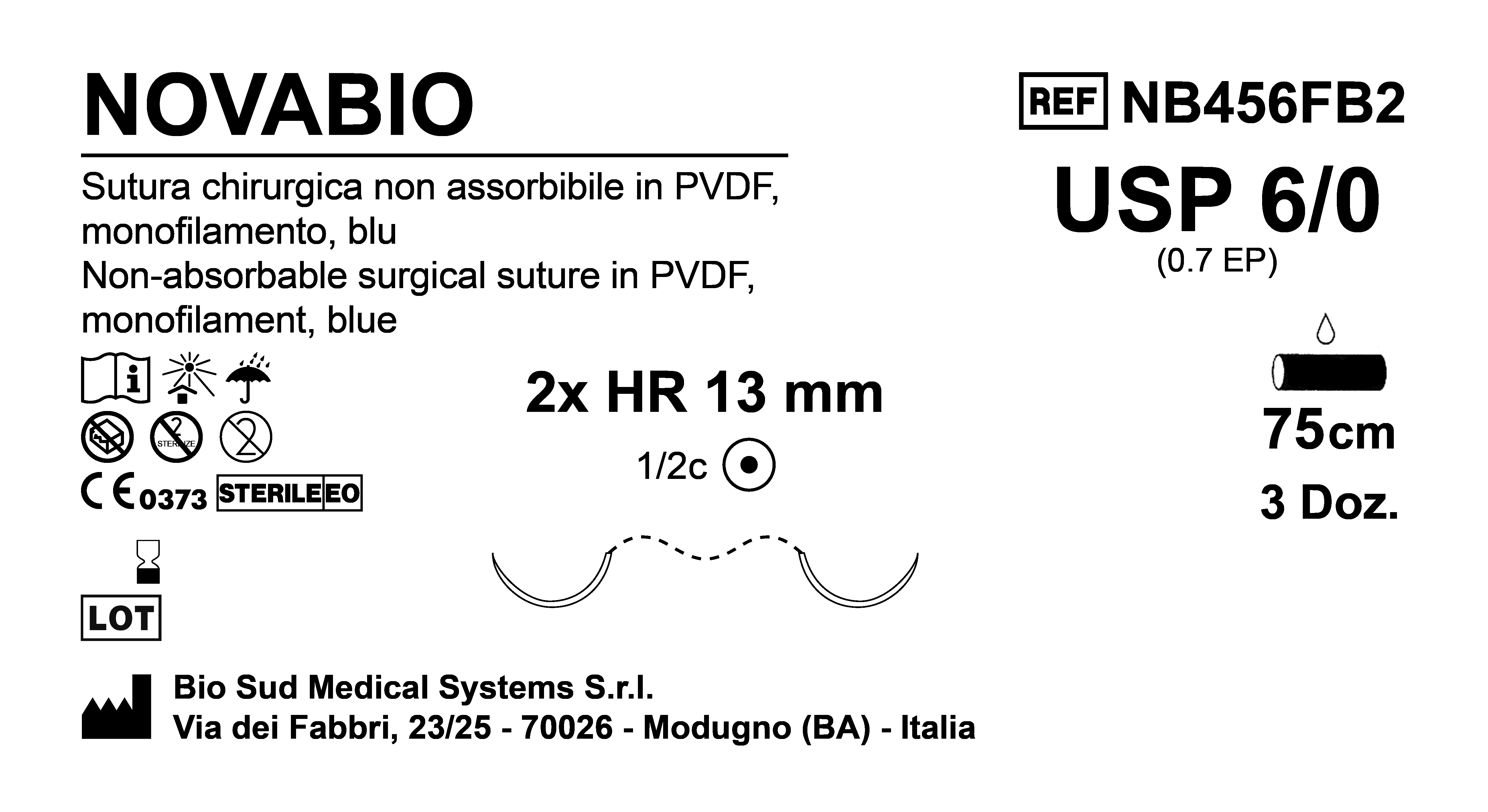 Sutura Novabio HR13 USP 6-0 - EP 0.7 75 cm Blue Double Armed  Box 36 pcs