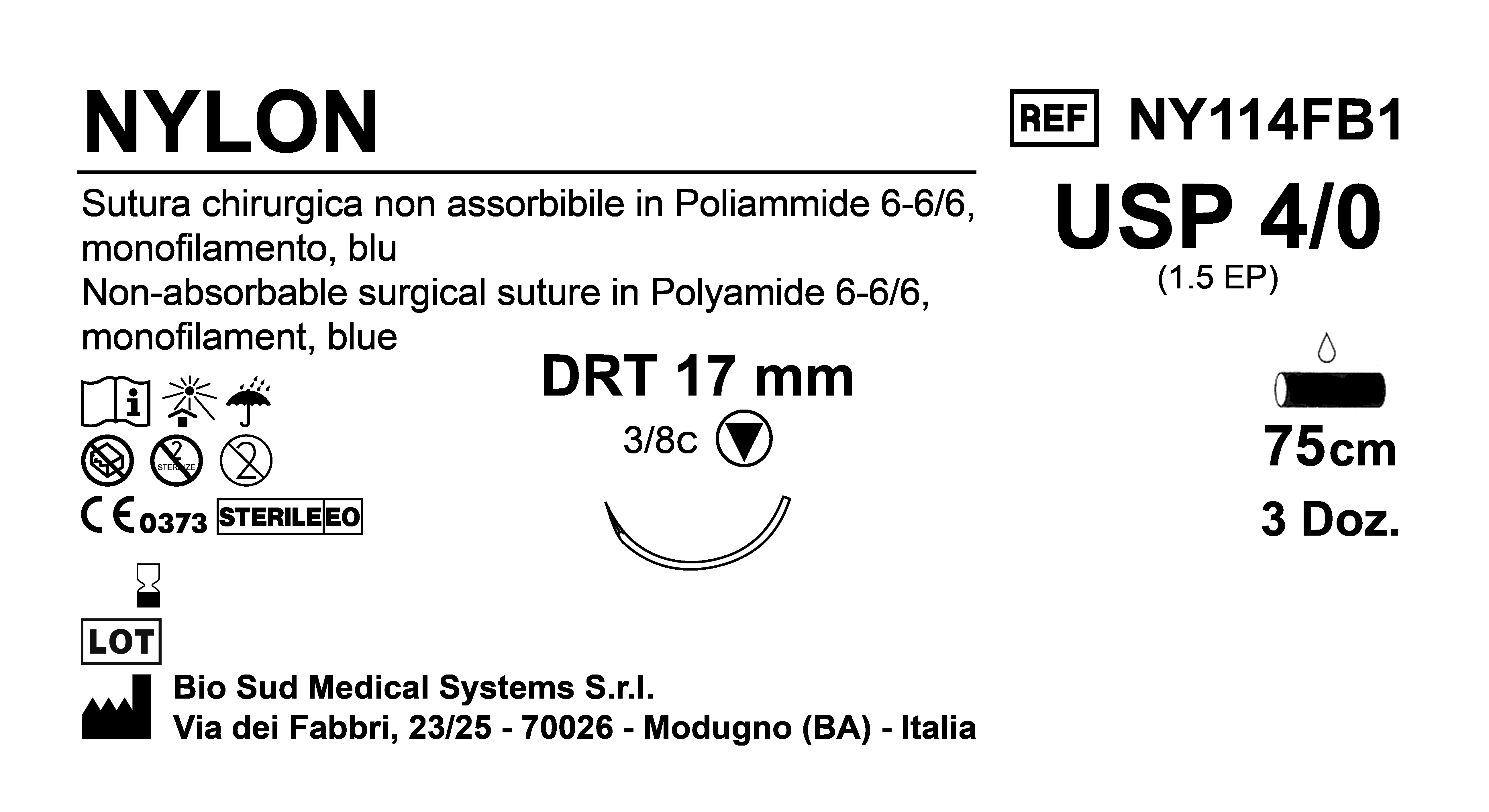 Sutura Nylon DRT 17 USP 4-0  - EP 1.5 75 cm Blue Box 36 pcs