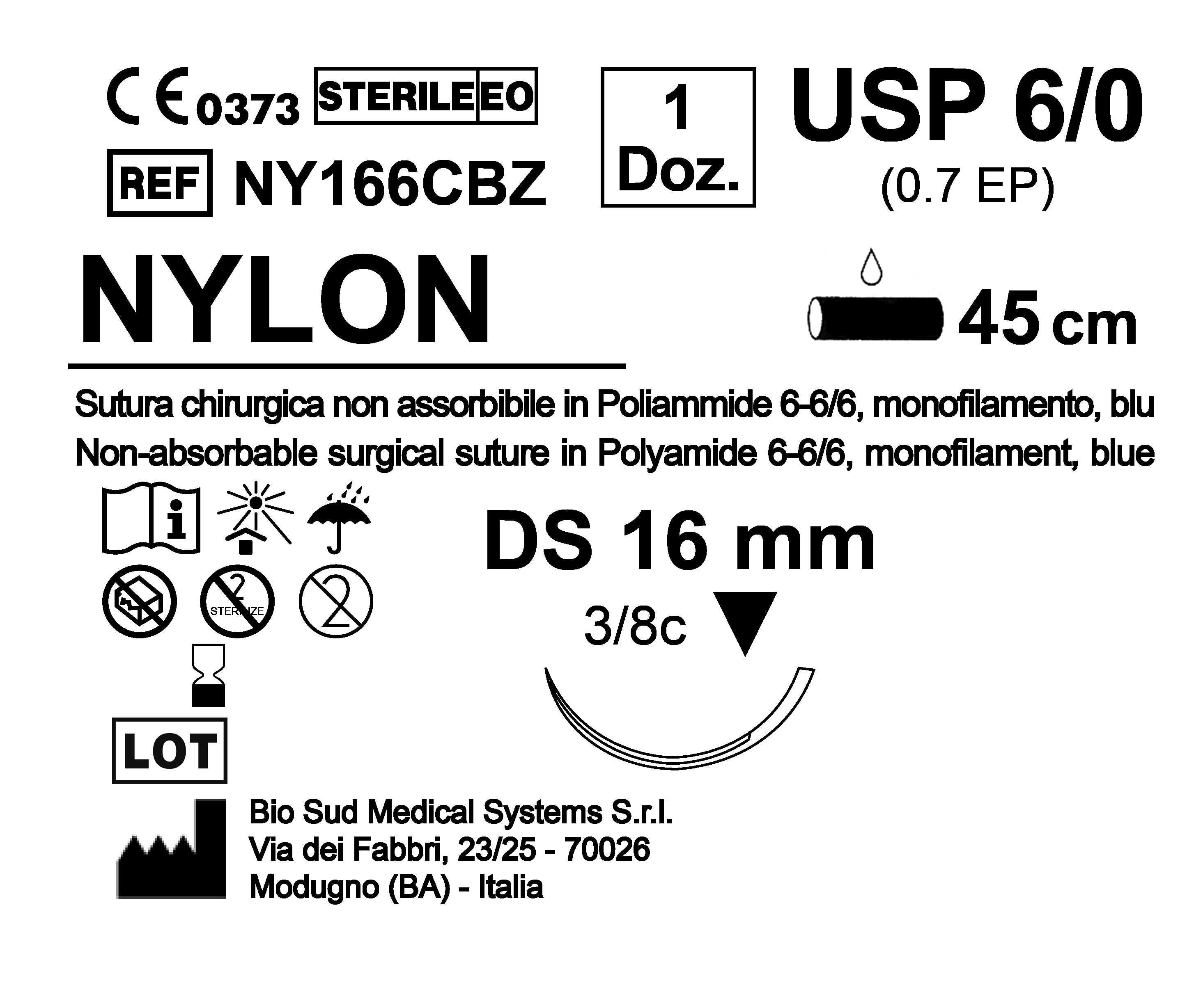 Sutura Nylon DS 16 USP 6-0 - EP 0.7 45 cm Blue Box 12 pcs