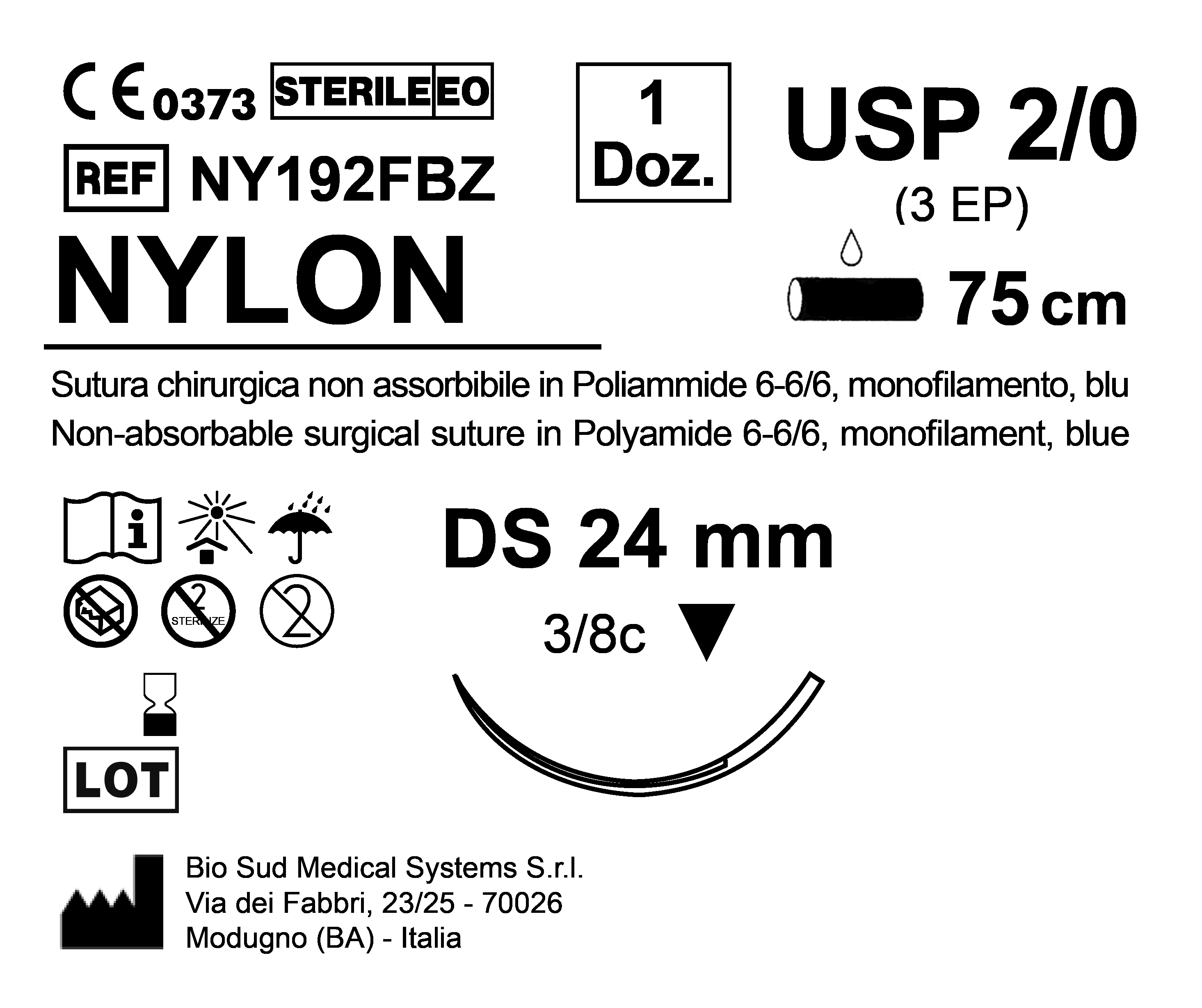 Sutura Nylon DS 24 USP 2-0 - EP 3 75 cm Blue Box 12 pcs