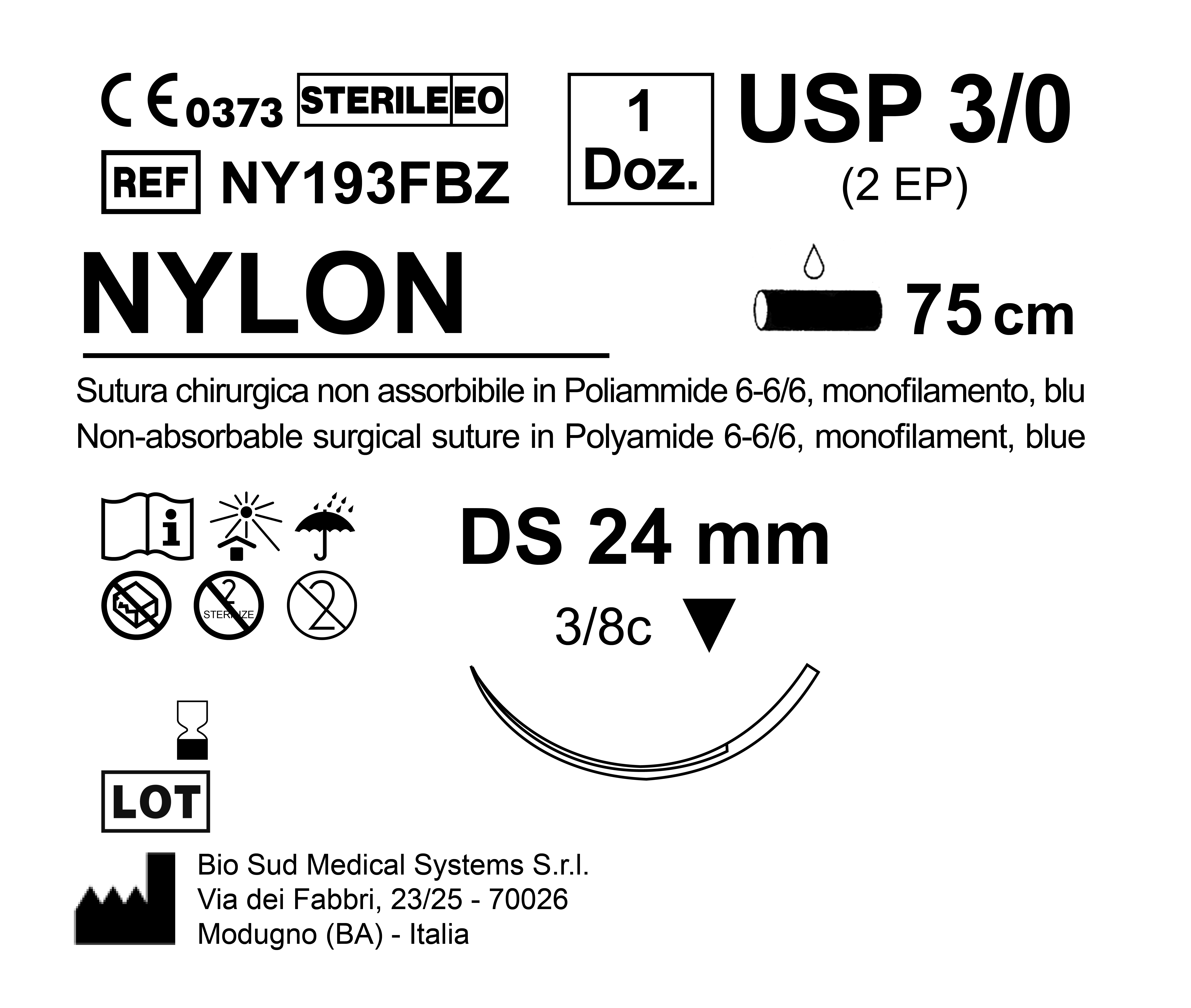 Sutura Nylon DS 24 USP 3-0 - EP 2 75 cm Blue Box 12 pcs