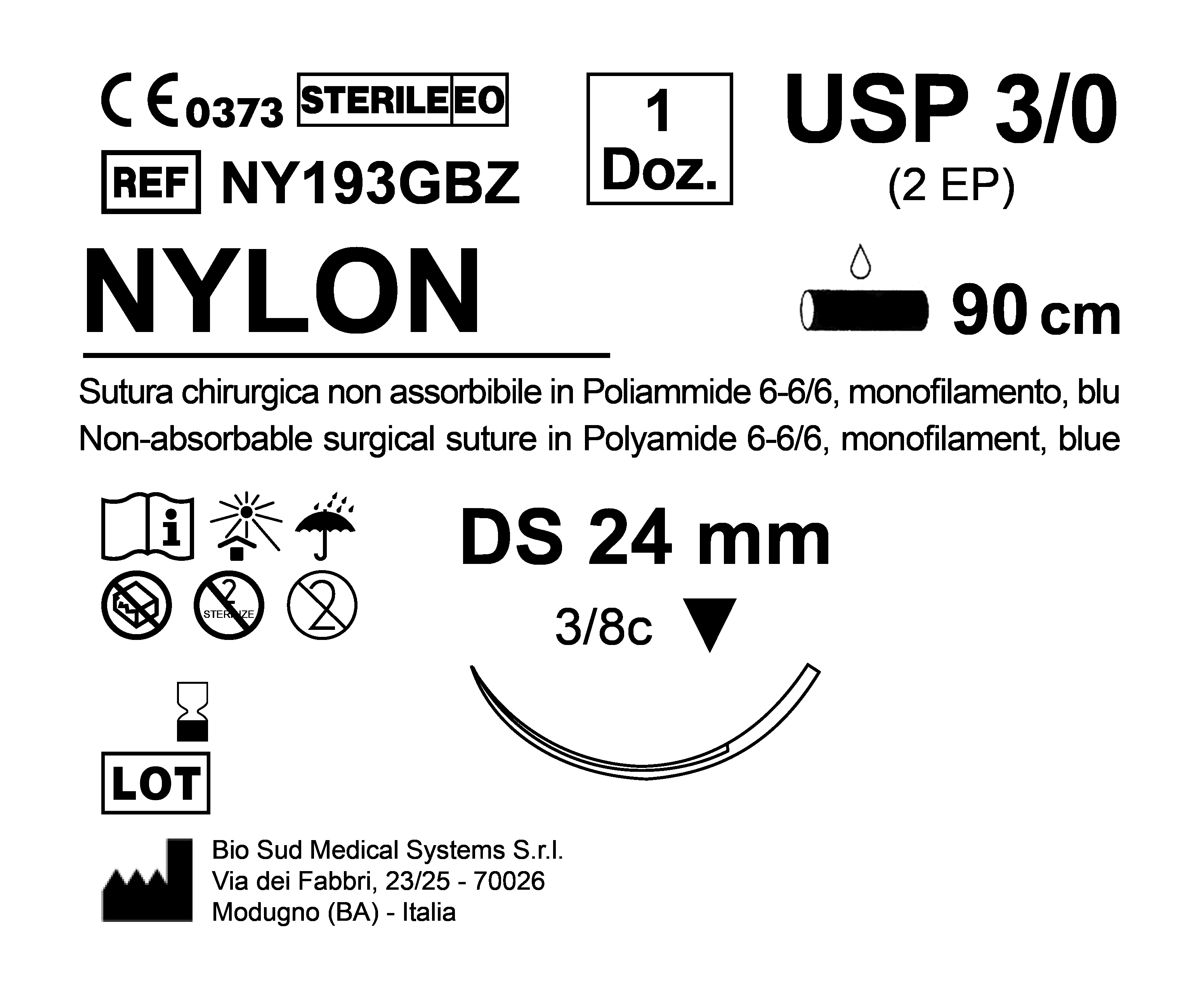 Sutura Nylon DS 24 USP 3-0 - EP 2 90 cm Blue Box 12 pcs