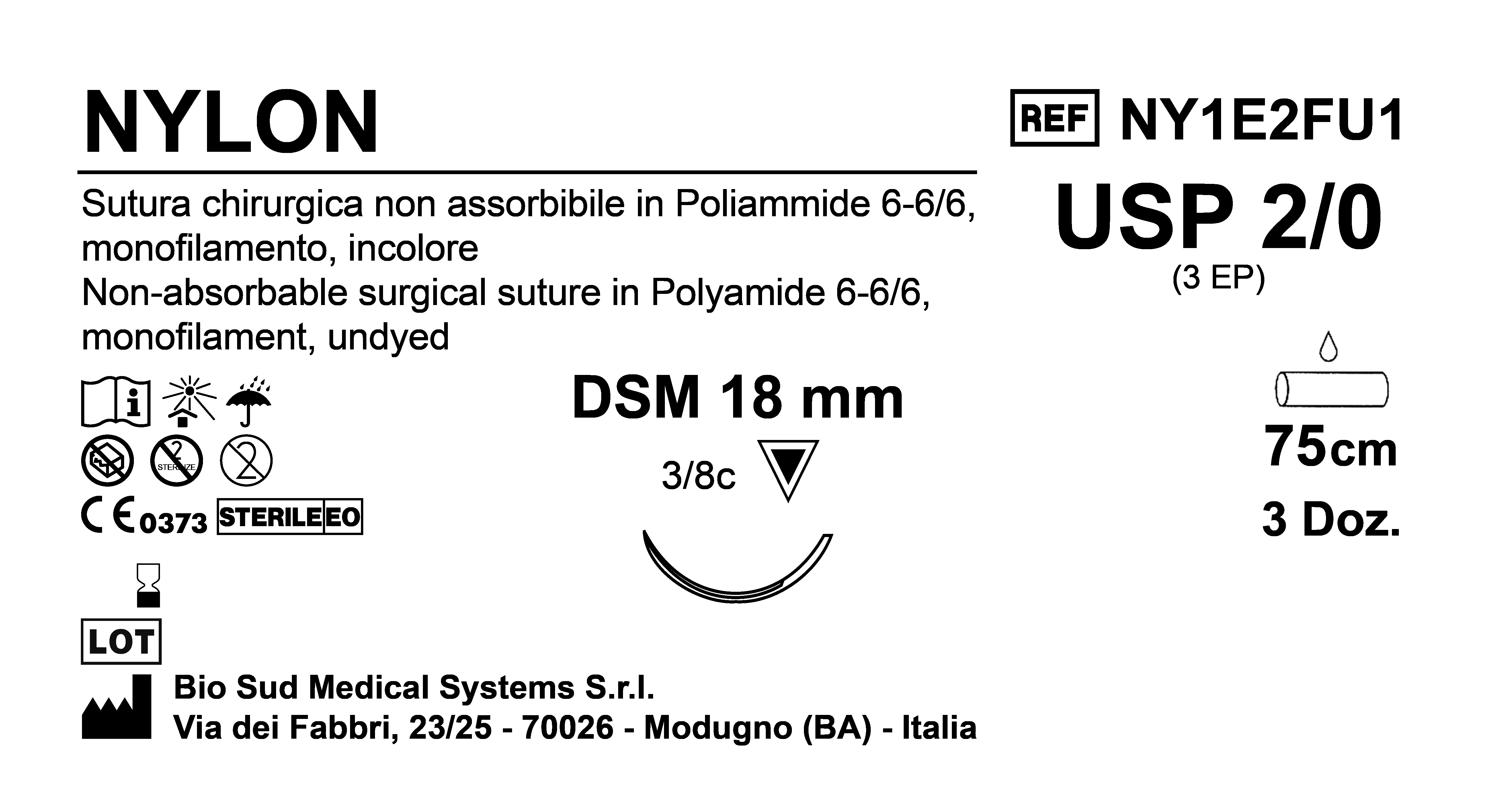 Sutura Nylon DSM 18 USP 2-0 - EP 3 75 cm Undyed Box 36 pcs