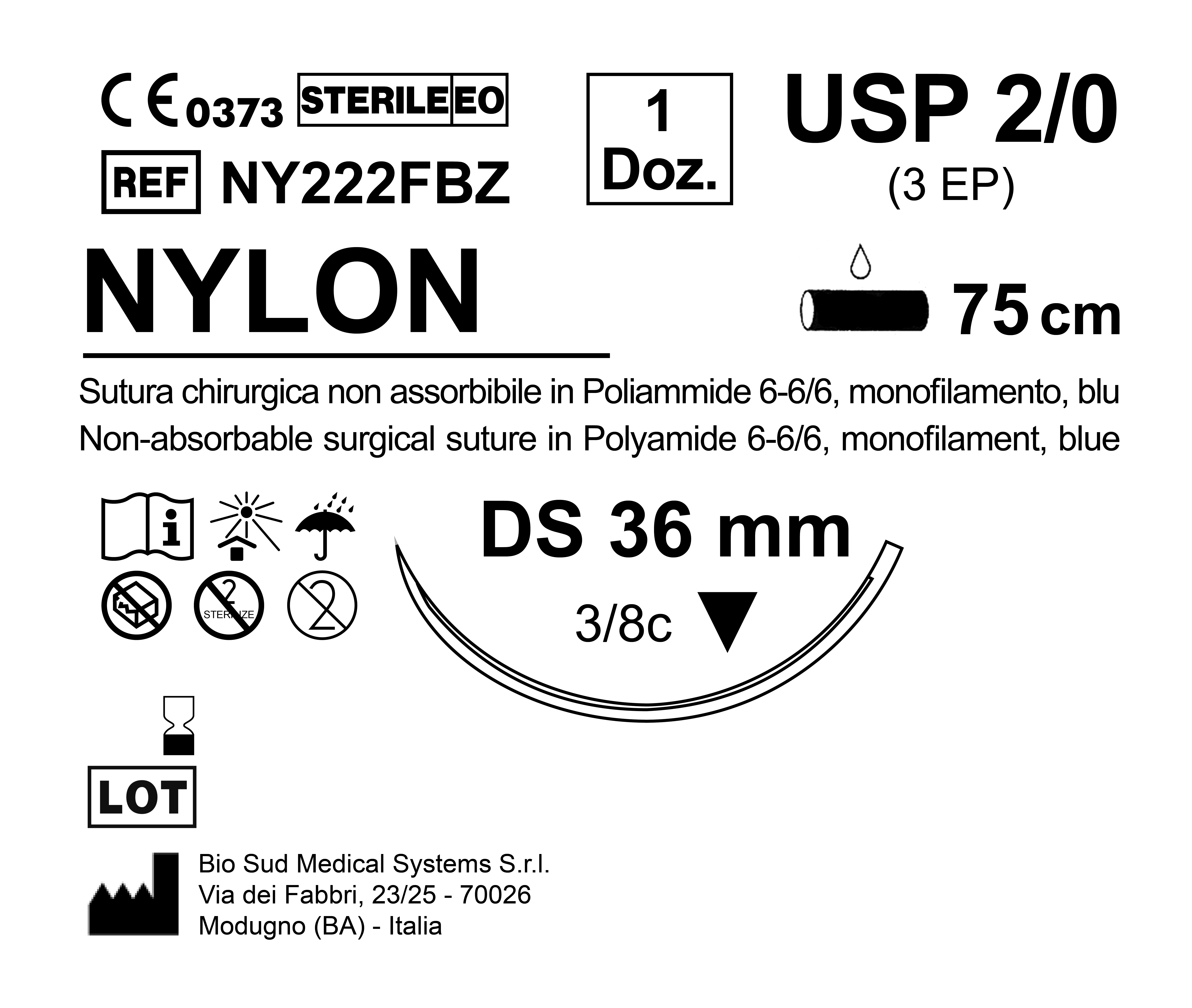 Sutura Nylon DS 36 USP 2-0 - EP 3 75 cm Blue Box 12 pcs