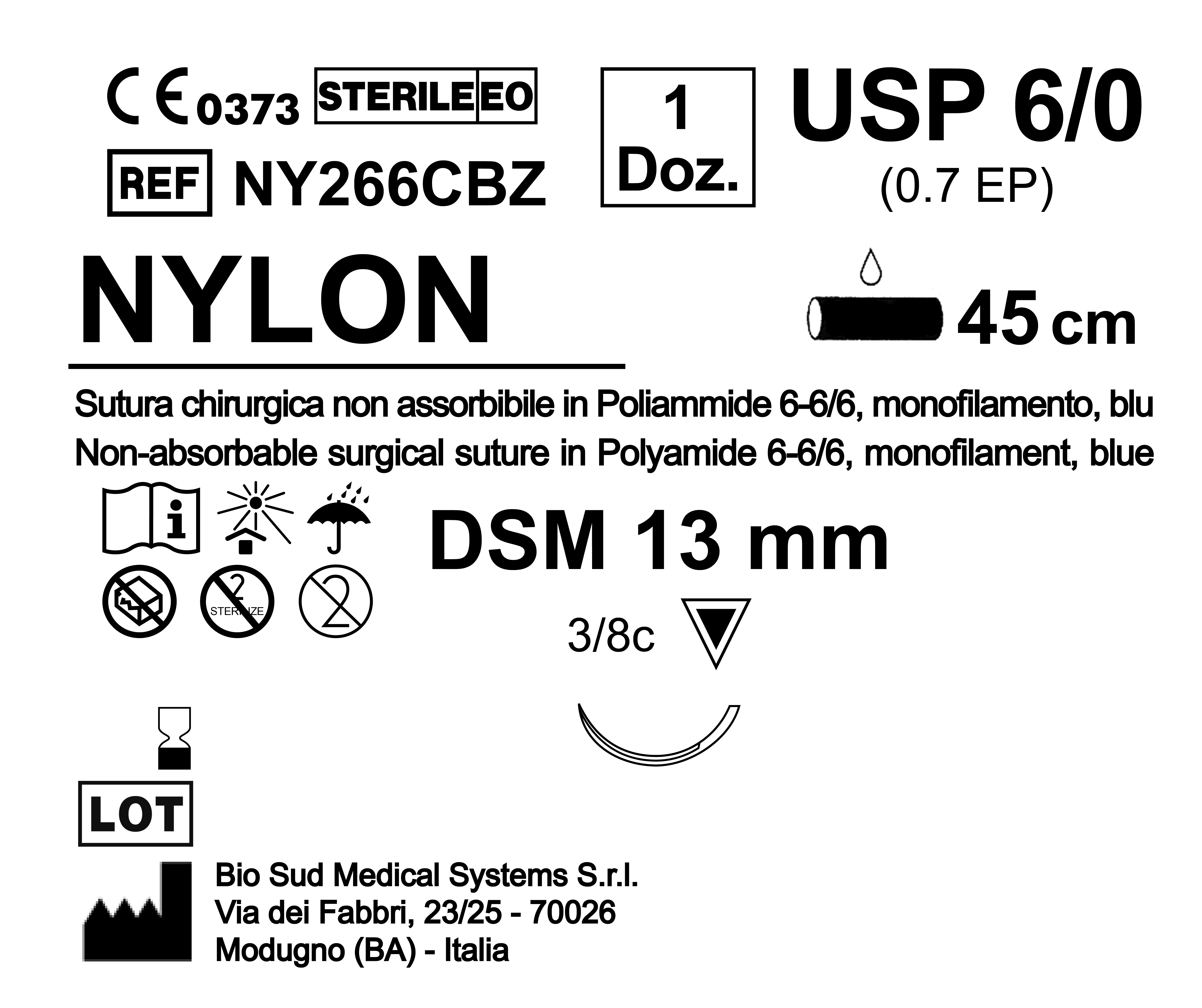 Sutura Nylon DSM 13 USP 6-0 - EP 0.7 45 cm Blue Box 12 pcs