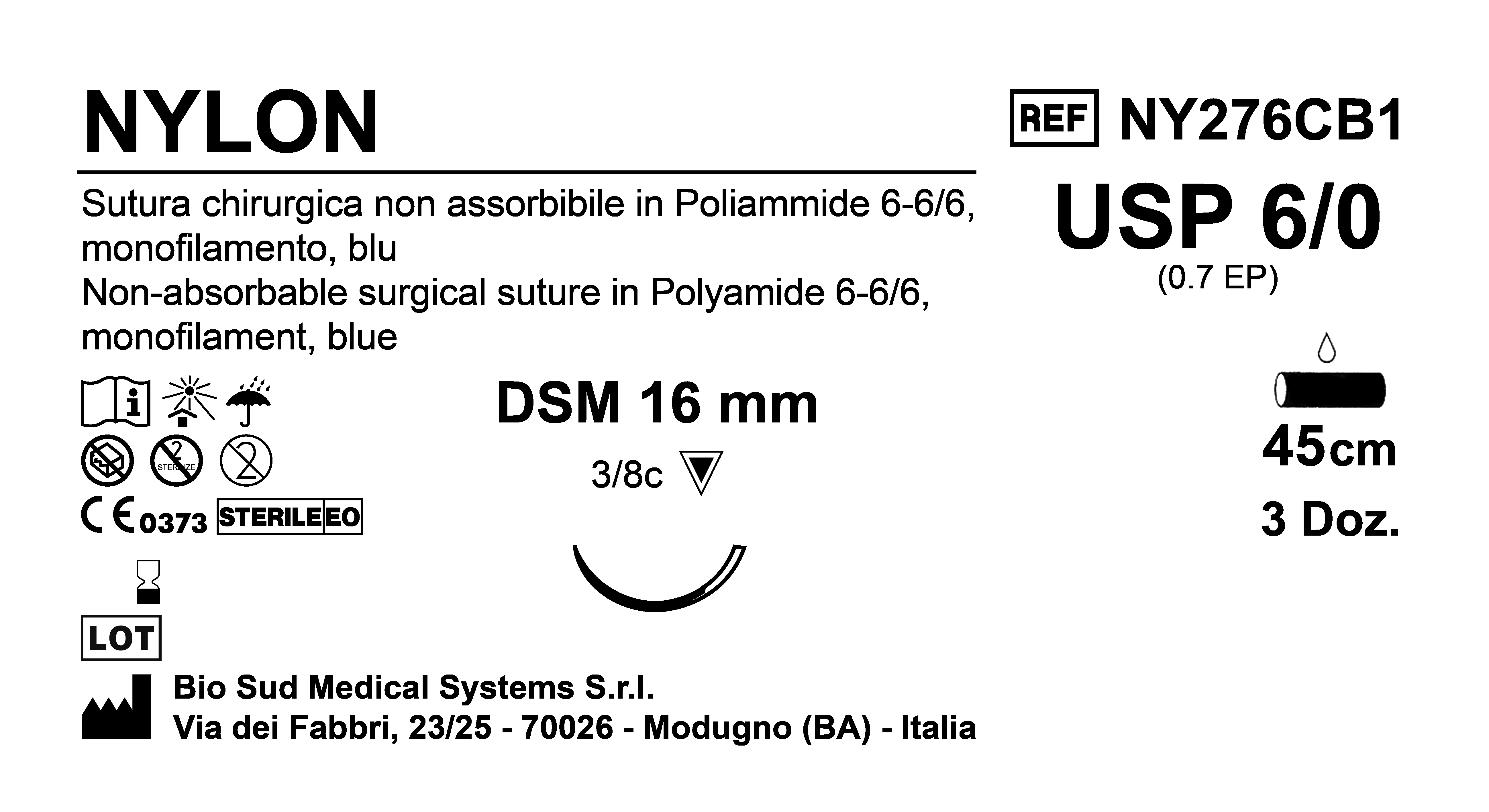 Sutura Nylon DSM16 USP 6-0 - EP 0.7 45 cm Blue Box 36 pcs