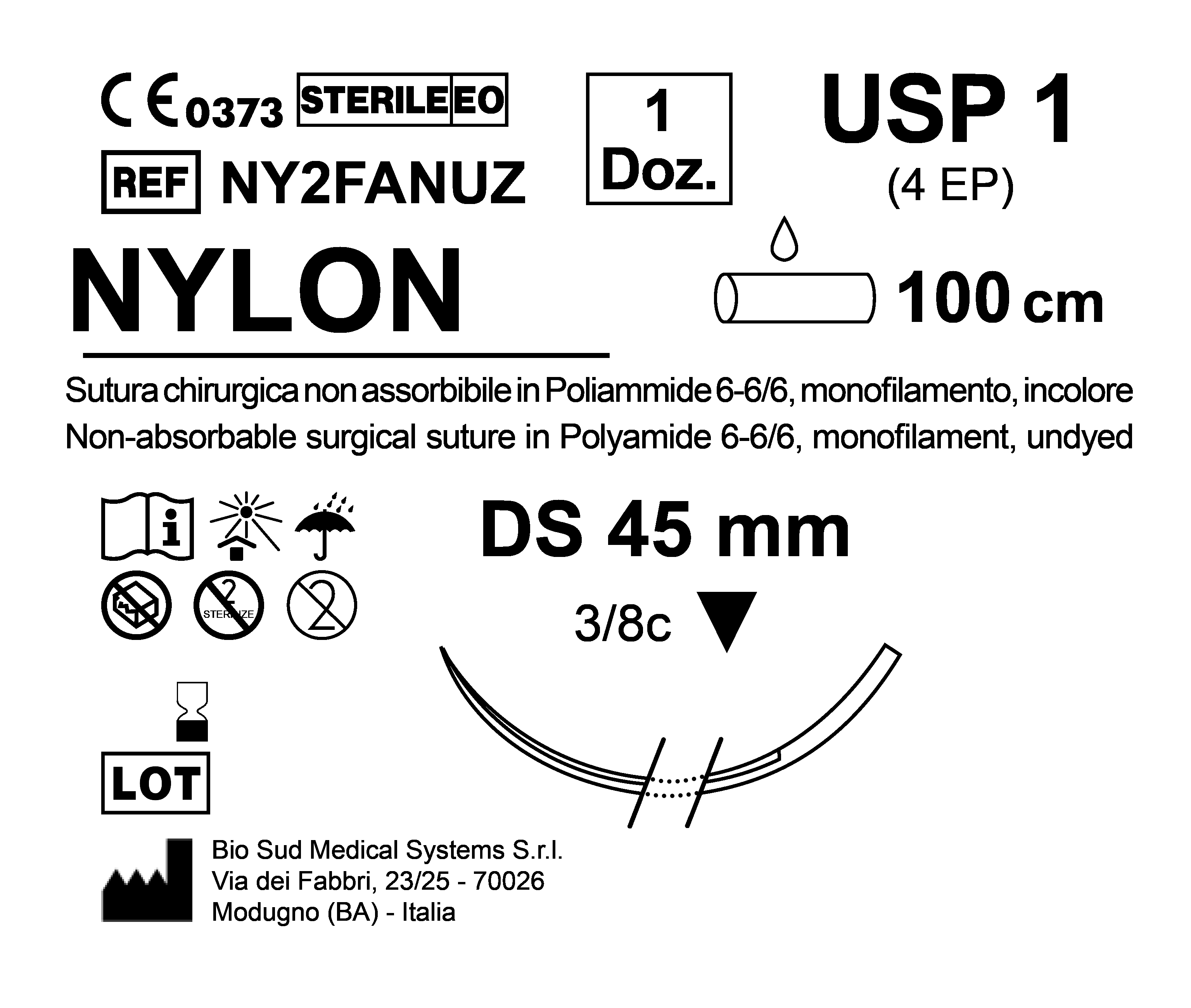 Sutura Nylon DS 45 USP 1 - EP 4 100 cm Undyed Box 12 pcs