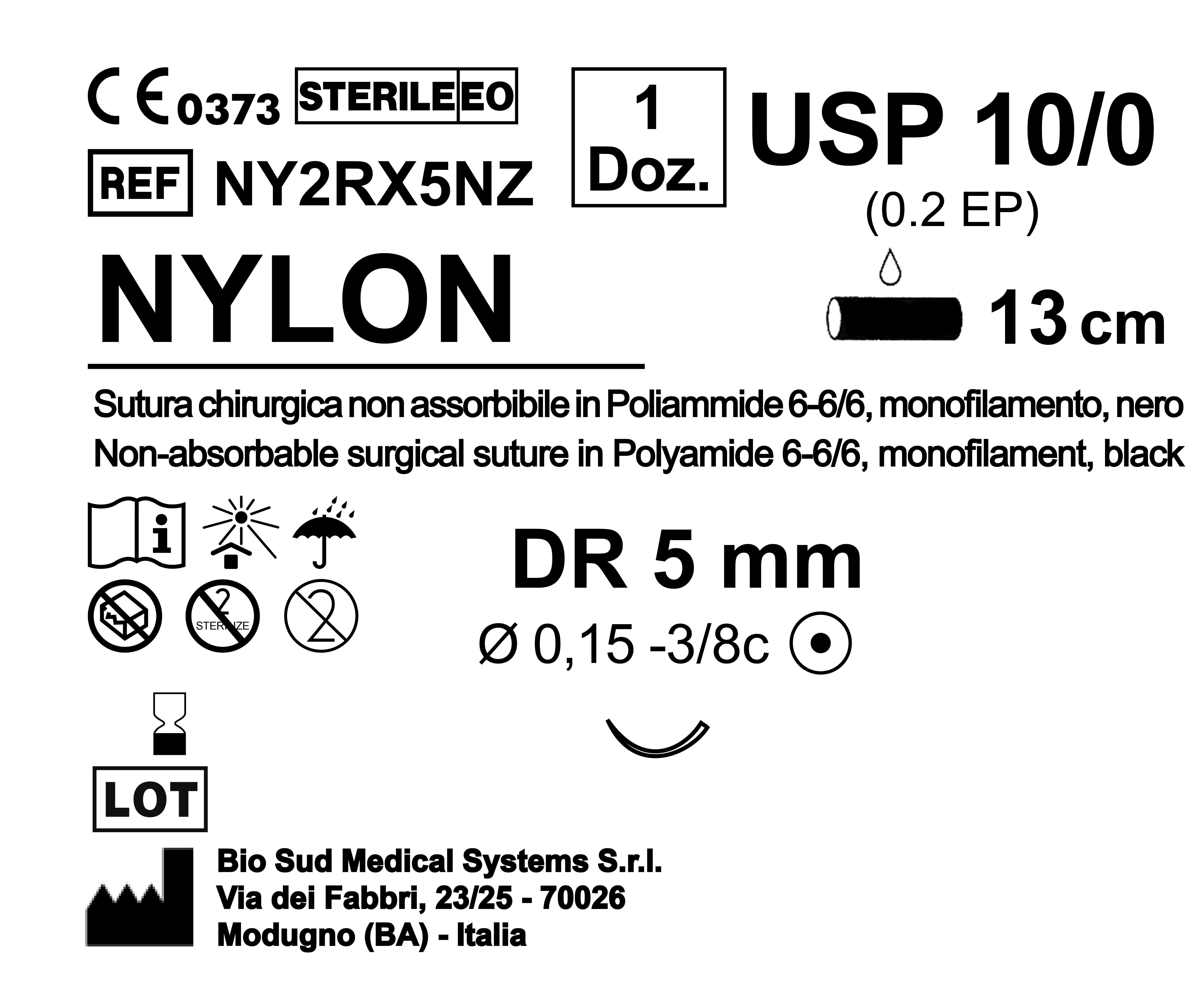 Sutura Nylon DR 5 USP 10-0 - EP 0.2 13 cm Black Box 12 pcs