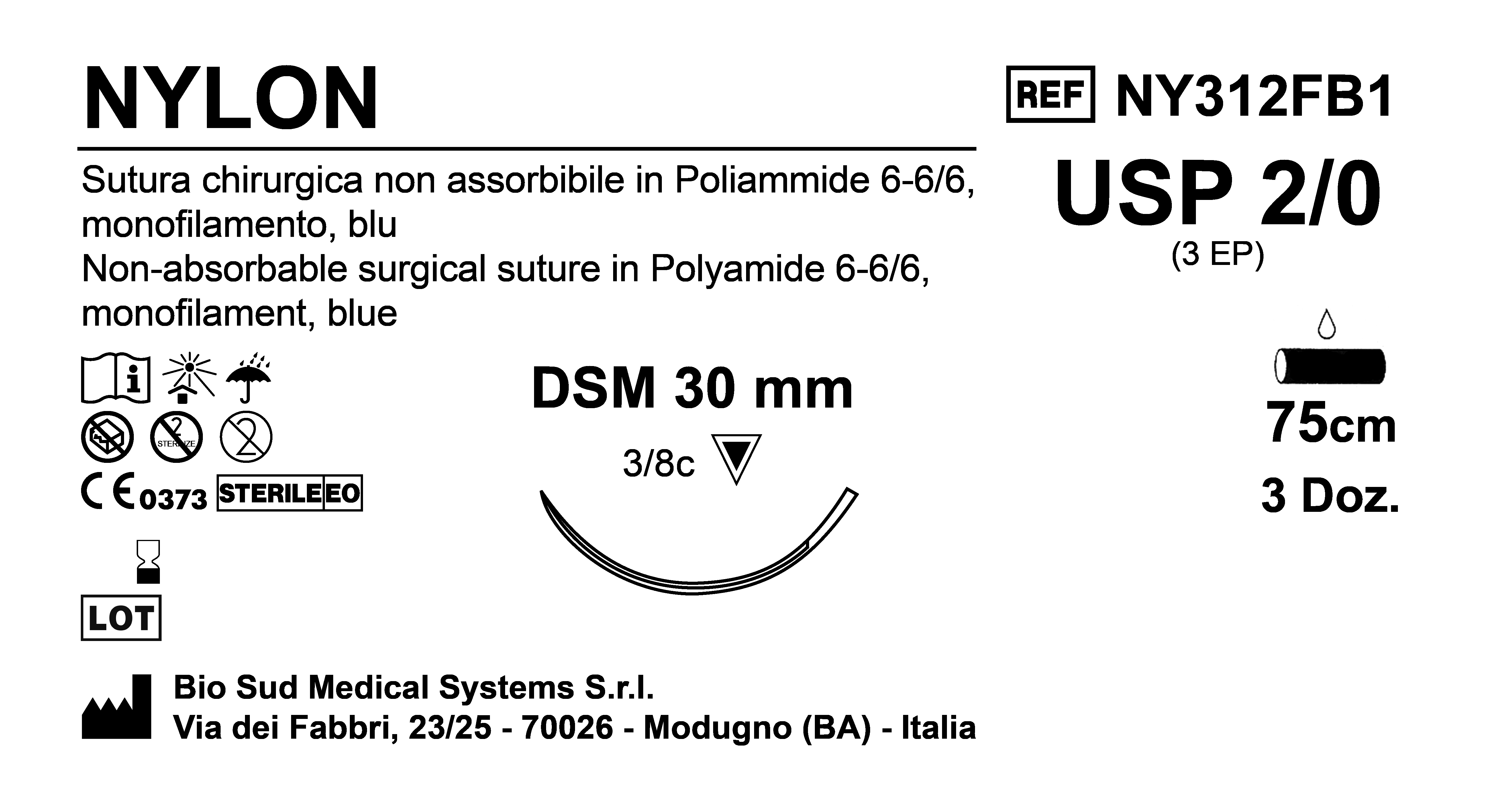 Sutura Nylon DSM30 USP 2-0 - EP 3 75 cm Blue Box 36 pcs