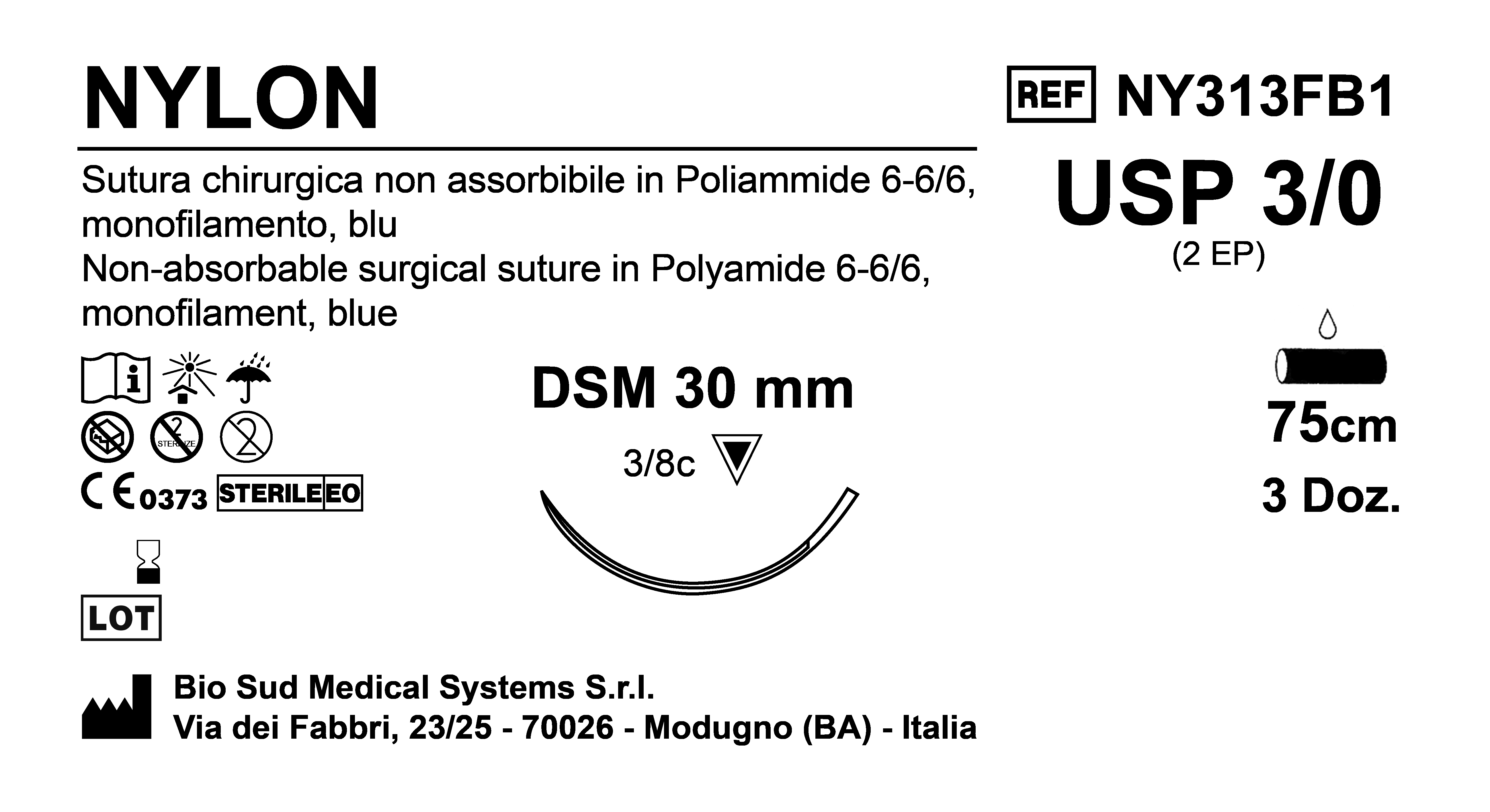 Sutura Nylon DSM30 USP 3-0 - EP 2 75 cm Blue Box 36 pcs