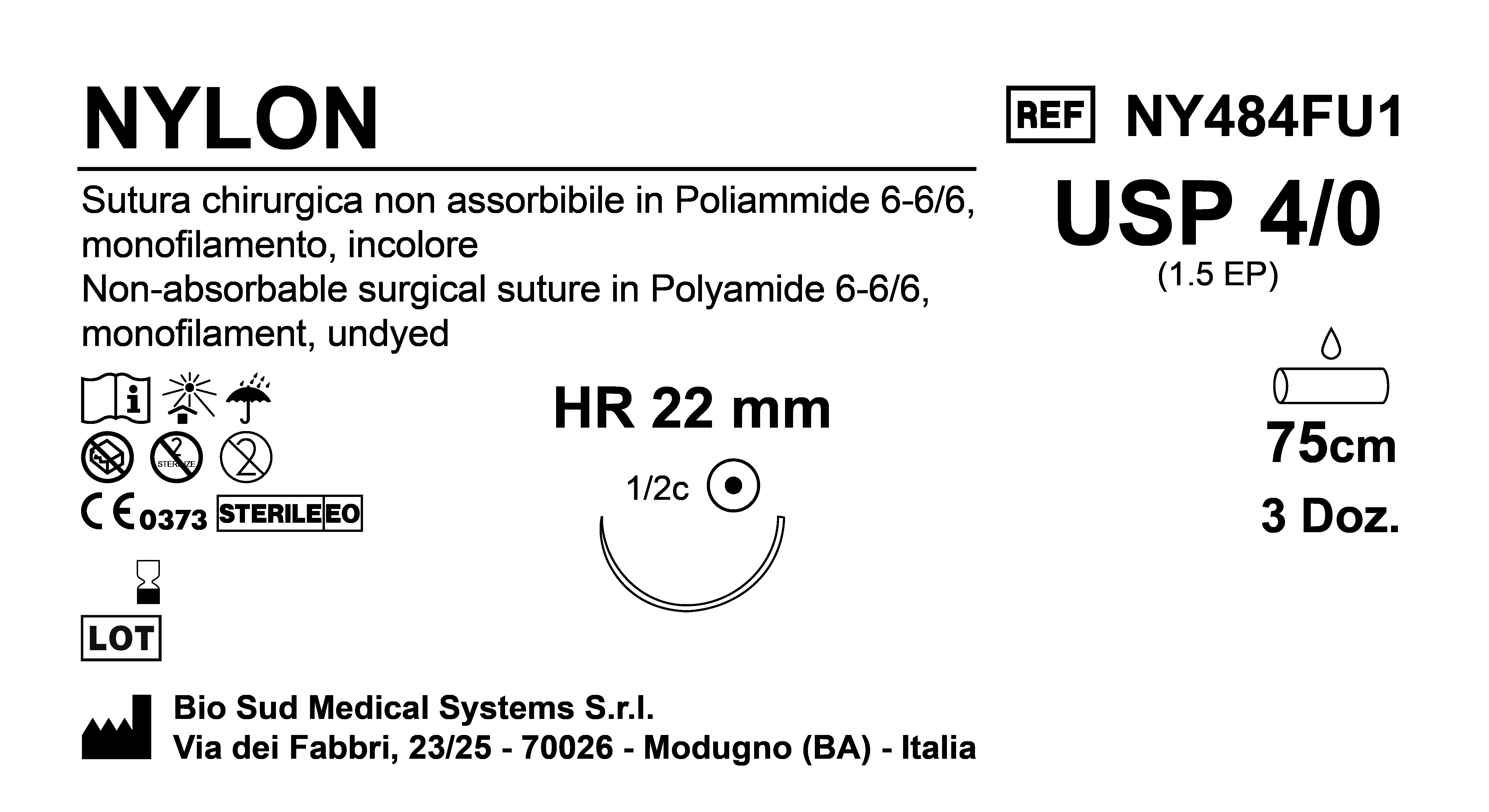 Sutura Nylon HR 22 USP 4-0  - EP 1.5 75 cm Undyed Box 36 pcs