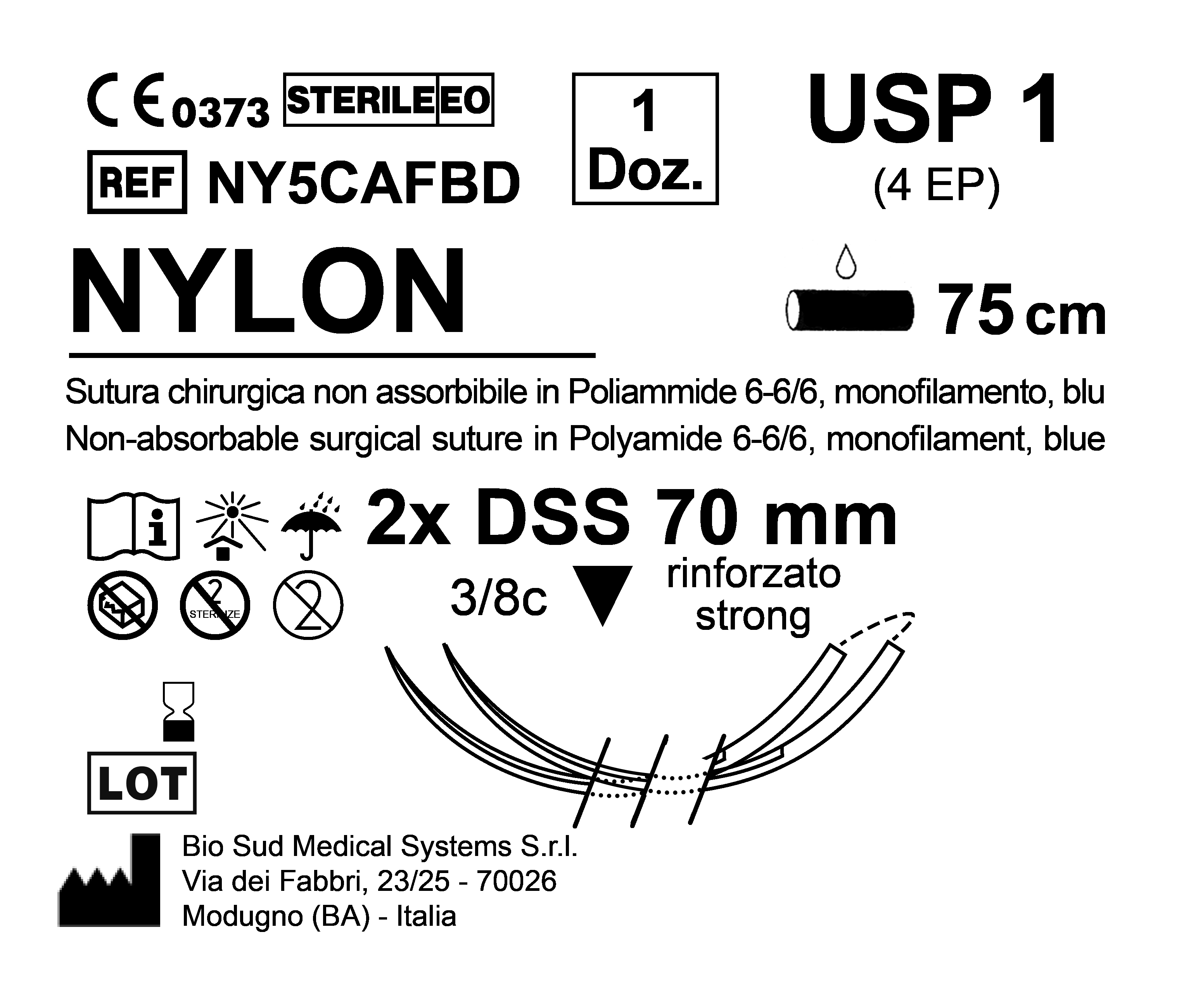 Sutura Nylon DSS 70 USP 1 - EP 4 75 cm Blue Double Armed  N.12 Bs. per Box