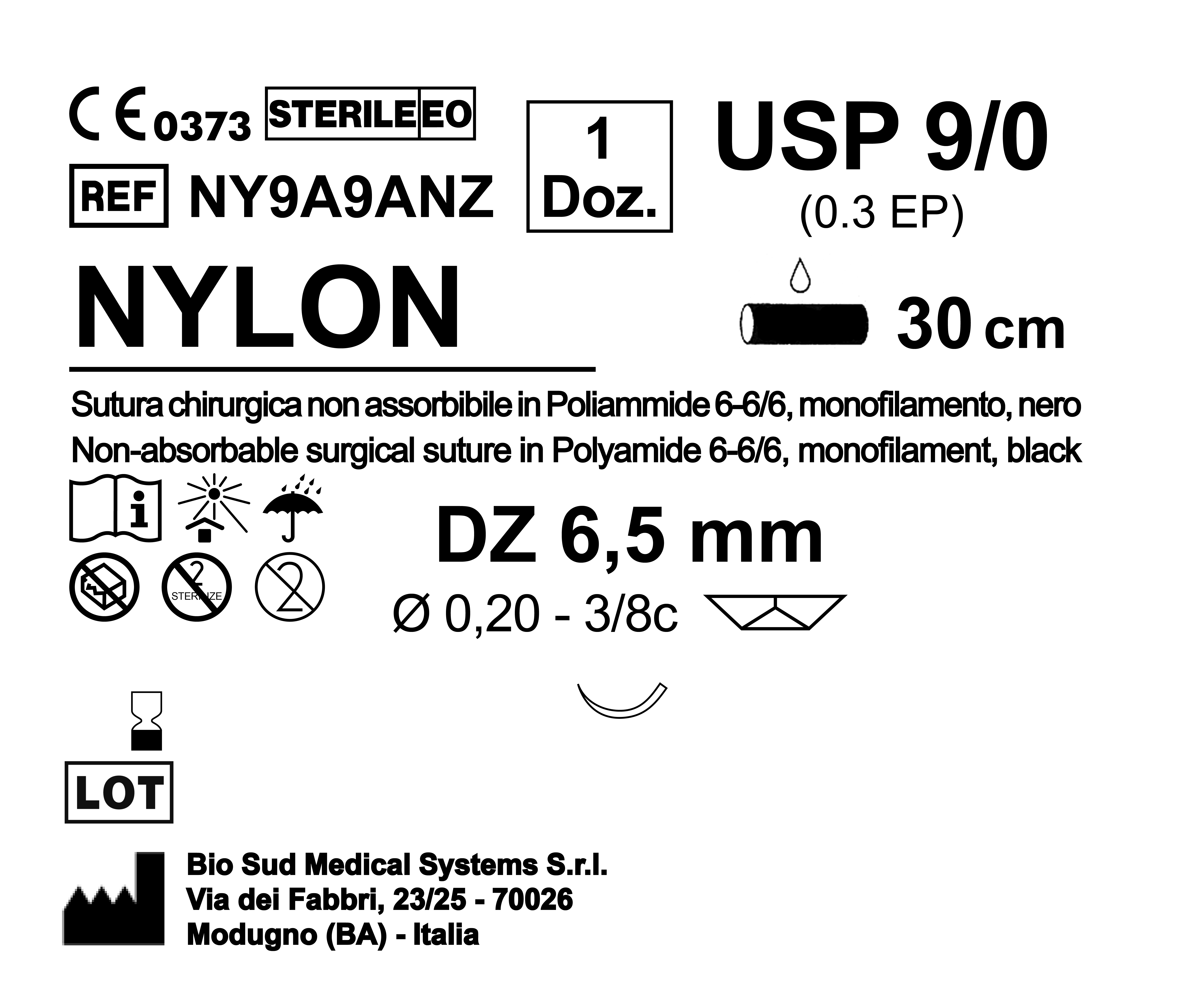 Sutura Nylon DZ 6.5 USP 9-0 - EP 0.3 30 cm Black Box 12 pcs