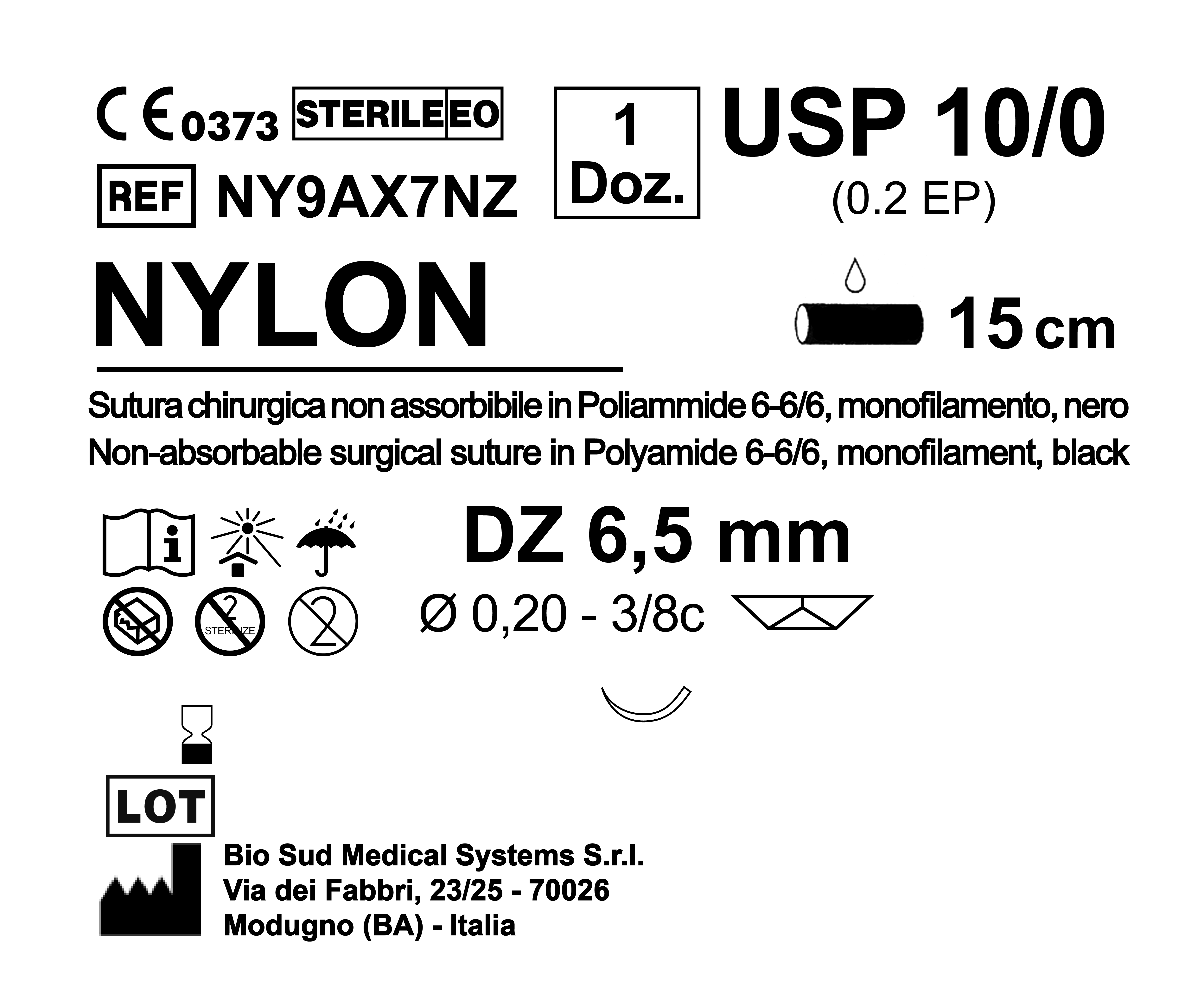 Sutura Nylon DZ 6.5 USP 10-0 - EP 0.2 15 cm Black Box 12 pcs