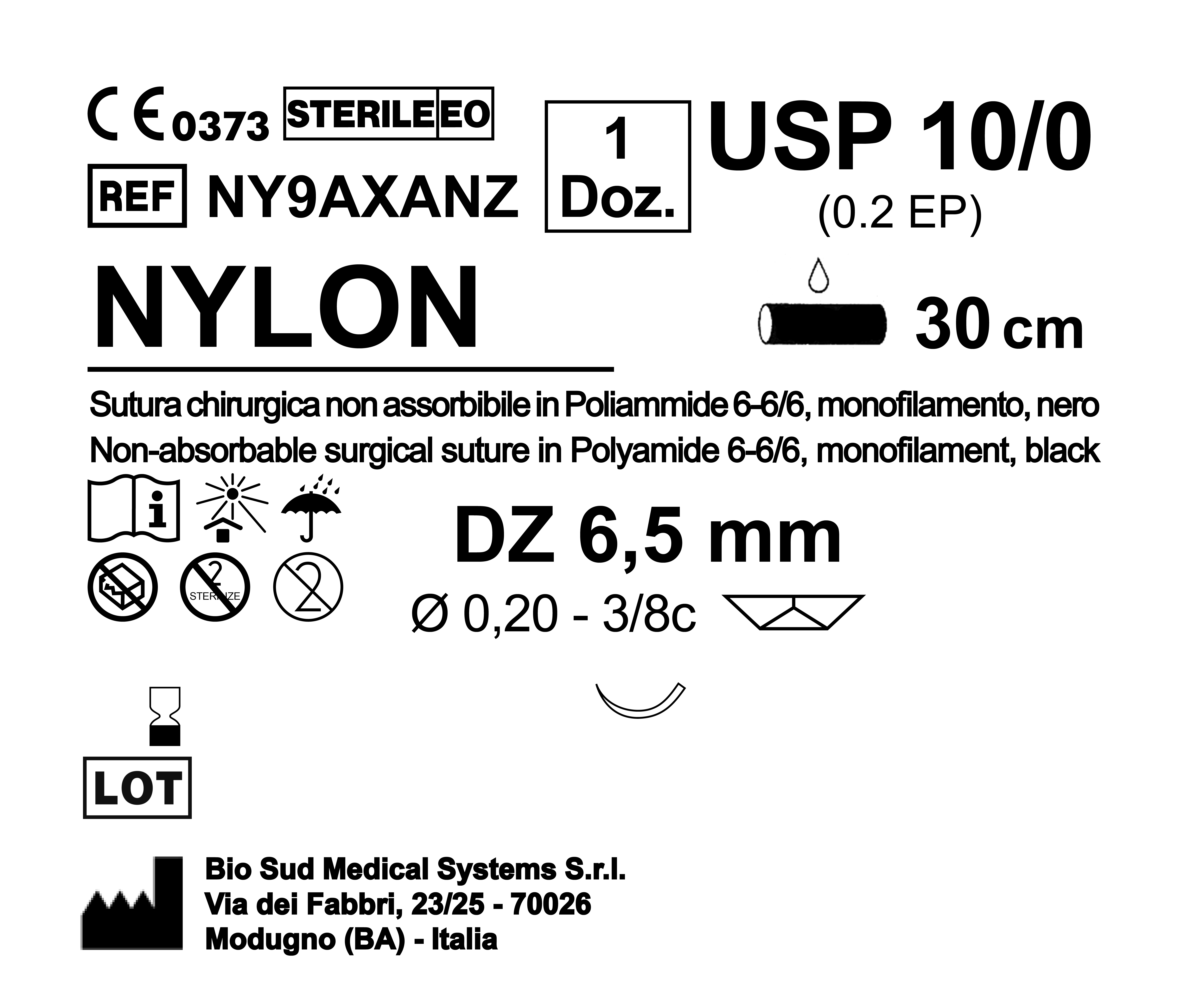 Sutura Nylon DZ 6.5 USP 10-0 - EP 0.2 30 cm Black Box 12 pcs