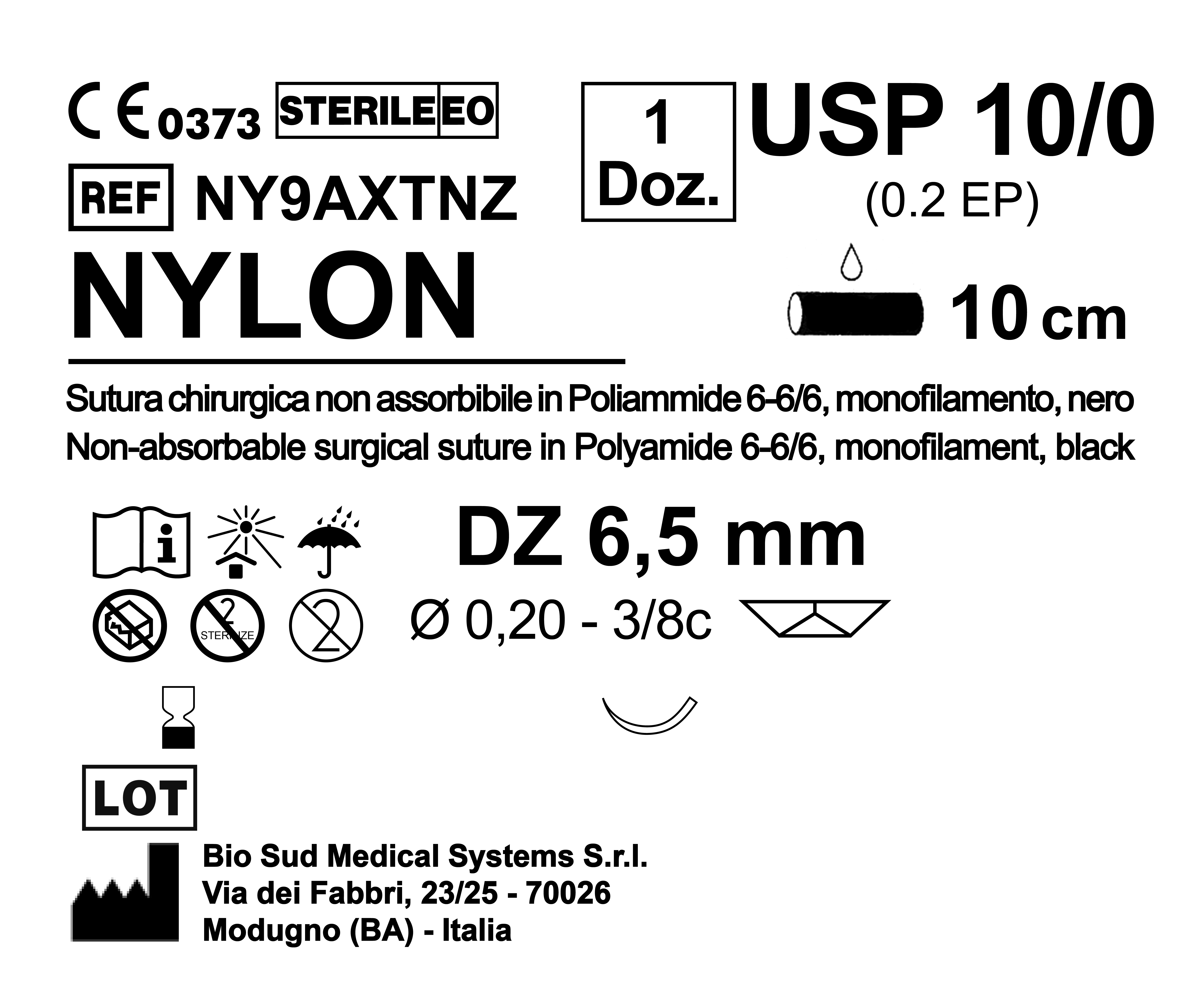 Sutura Nylon DZ 6.5 USP 10-0 - EP 0.2 10 cm Black Box 12 pcs