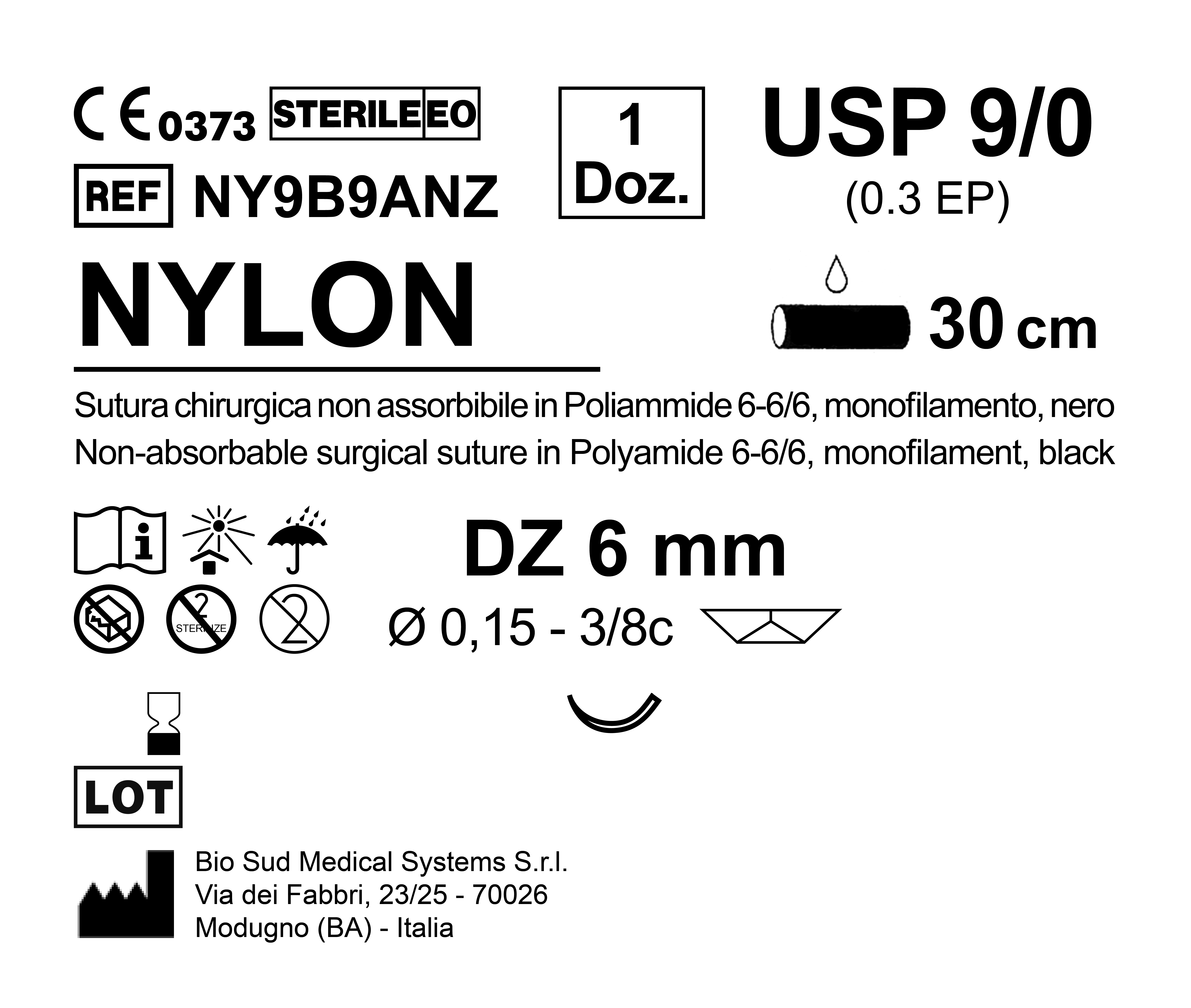 Sutura Nylon DZ 6 USP 9-0 - EP 0.3 30 cm Black Box 12 pcs