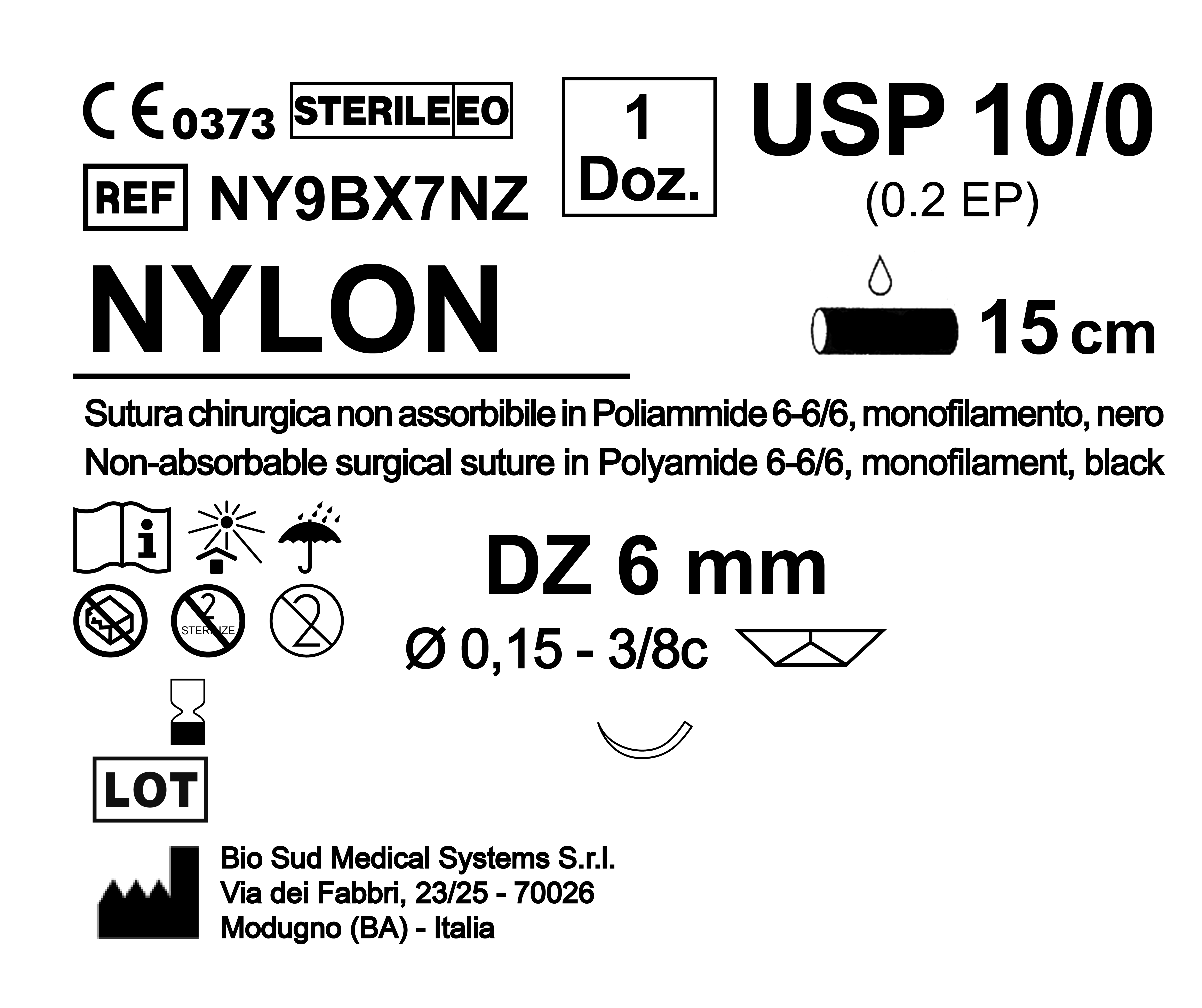 Sutura Nylon DZ 6 USP 10-0 - EP 0.2 15 cm Black Box 12 pcs