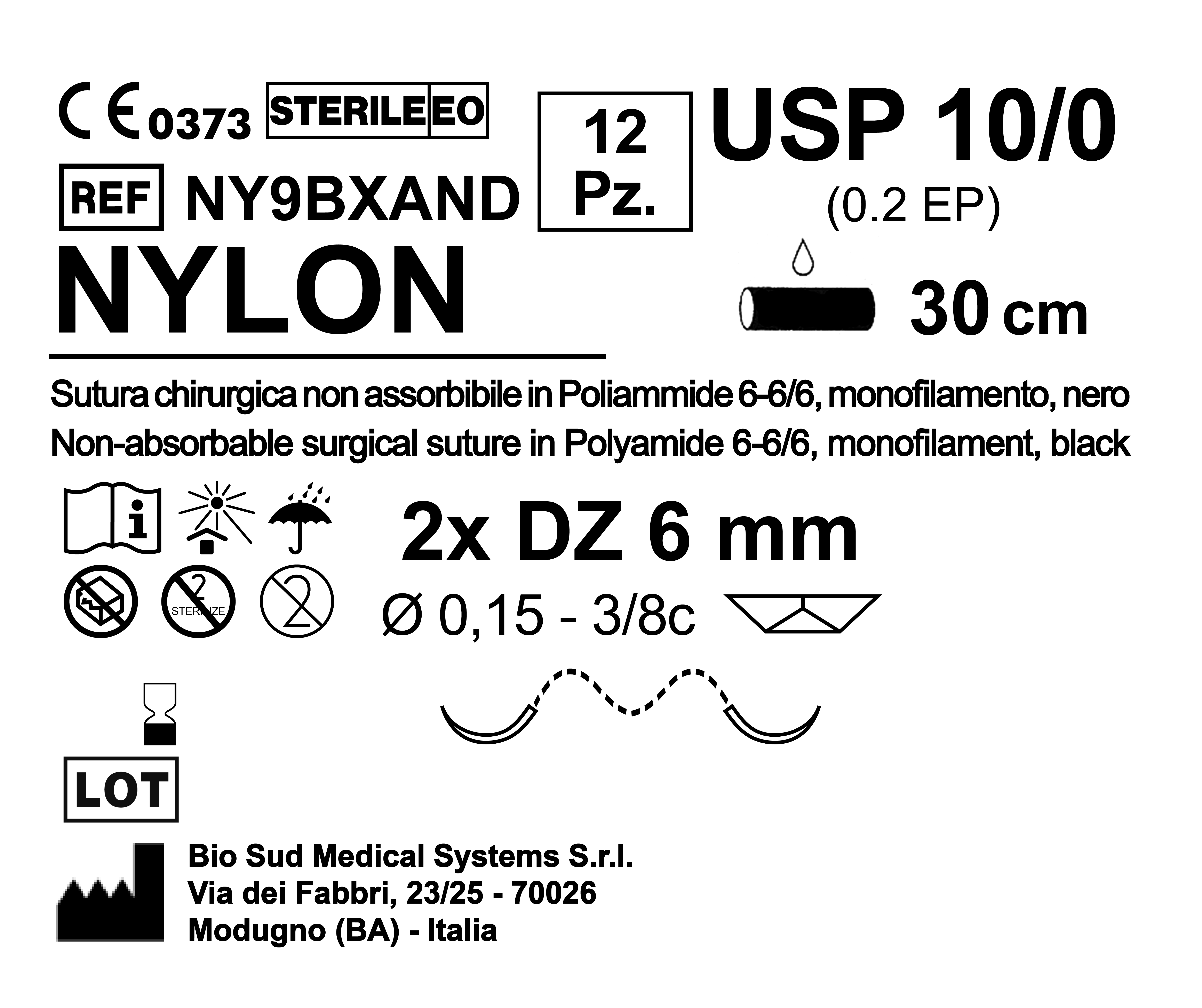 Sutura Nylon DZ 6 USP 10-0 - EP 0.2 30 cm Black Double Armed  Box x 12 pcs