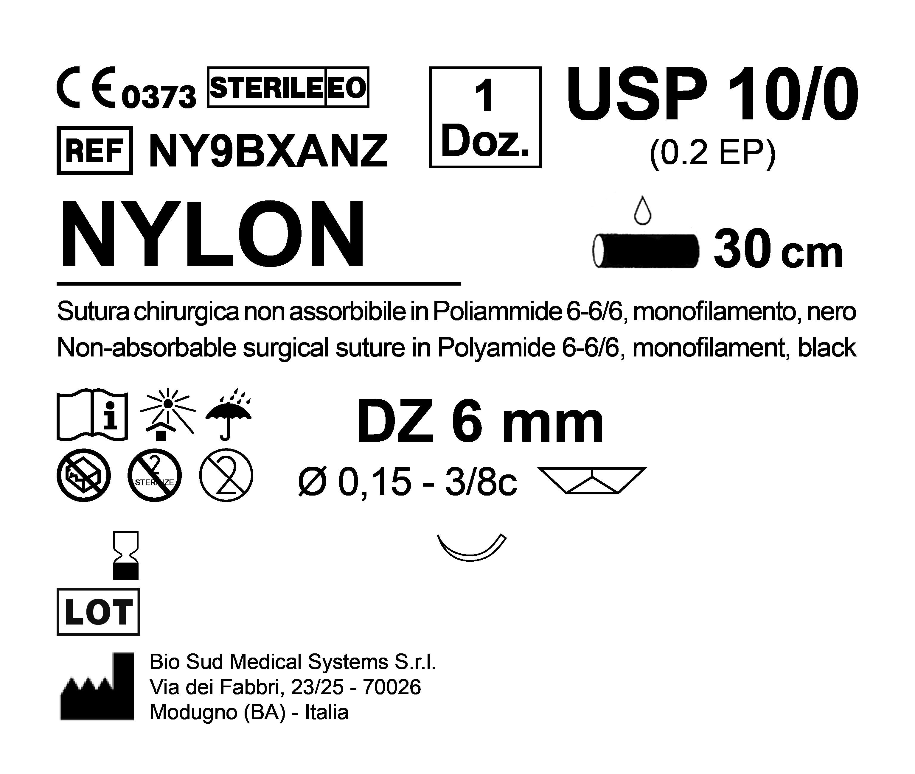 Sutura Nylon DZ 6 USP 10-0 - EP 0.2 30 cm Black Box 12 pcs
