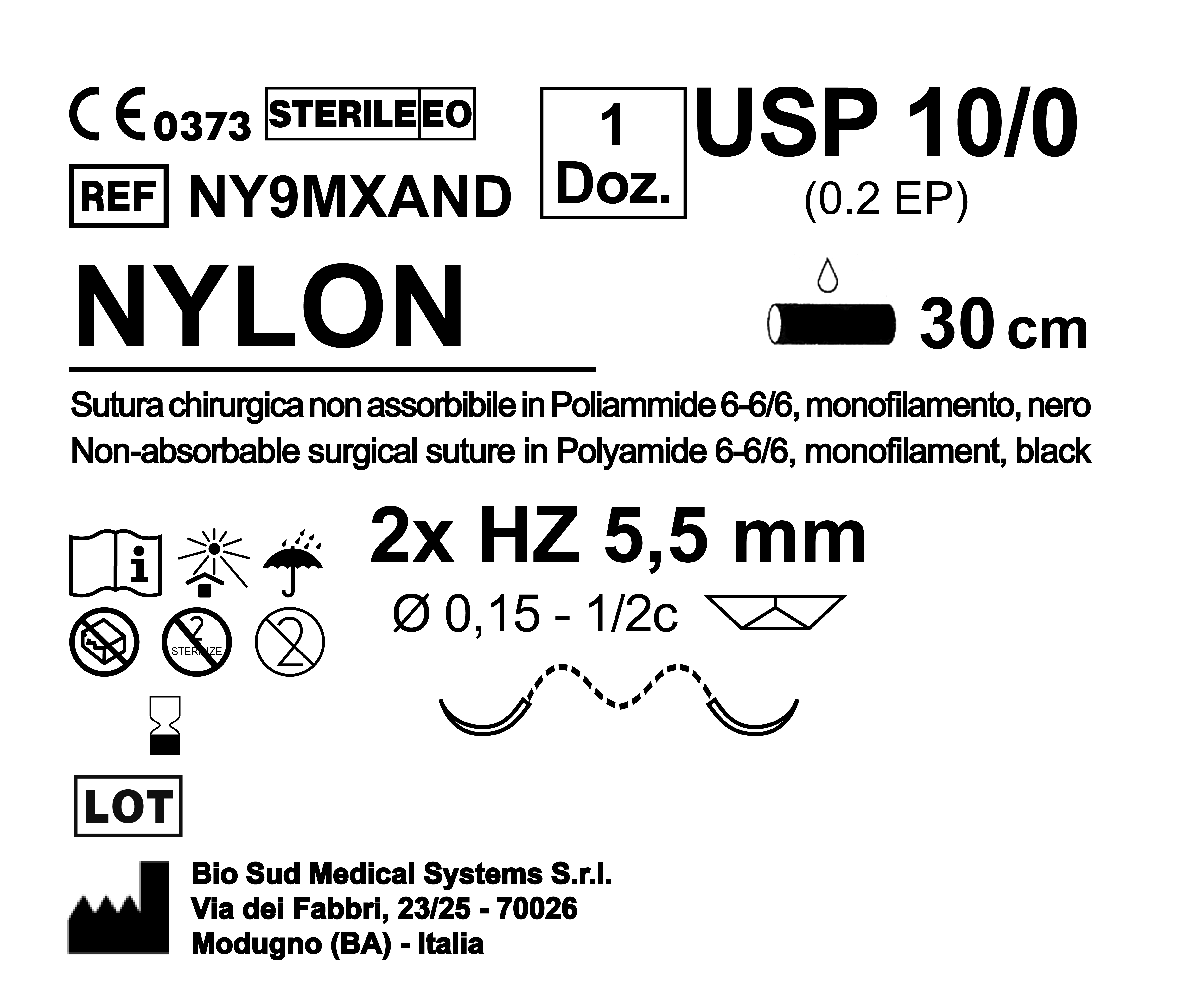 Sutura Nylon HZ 5.5 USP 10-0 - EP 0.2 30 cm Black Double Armed  N.12 Bs. per Box