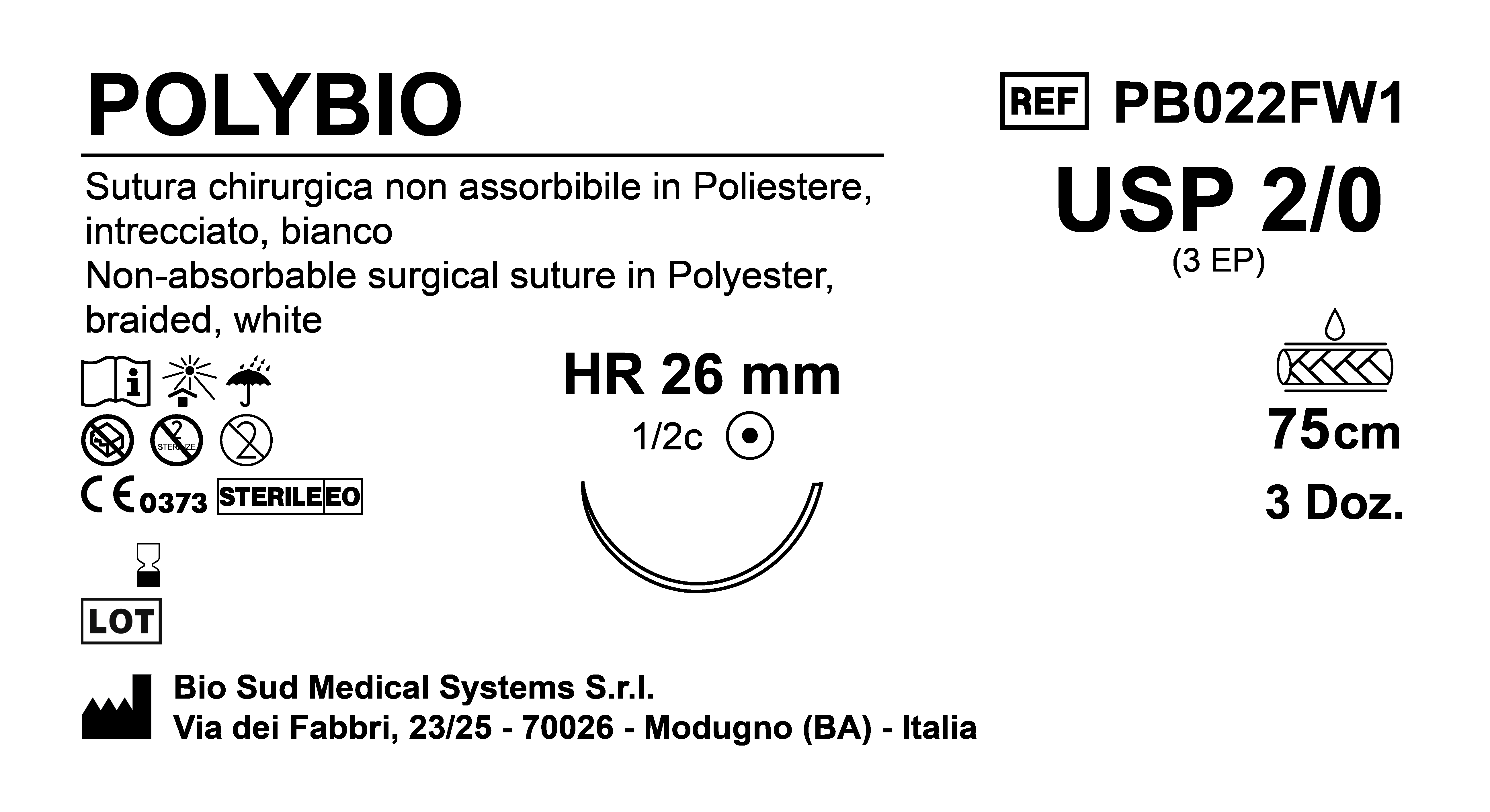 Sutura Polybio HR 26 USP 2-0 - EP 3 75 cm White Box 36 pcs