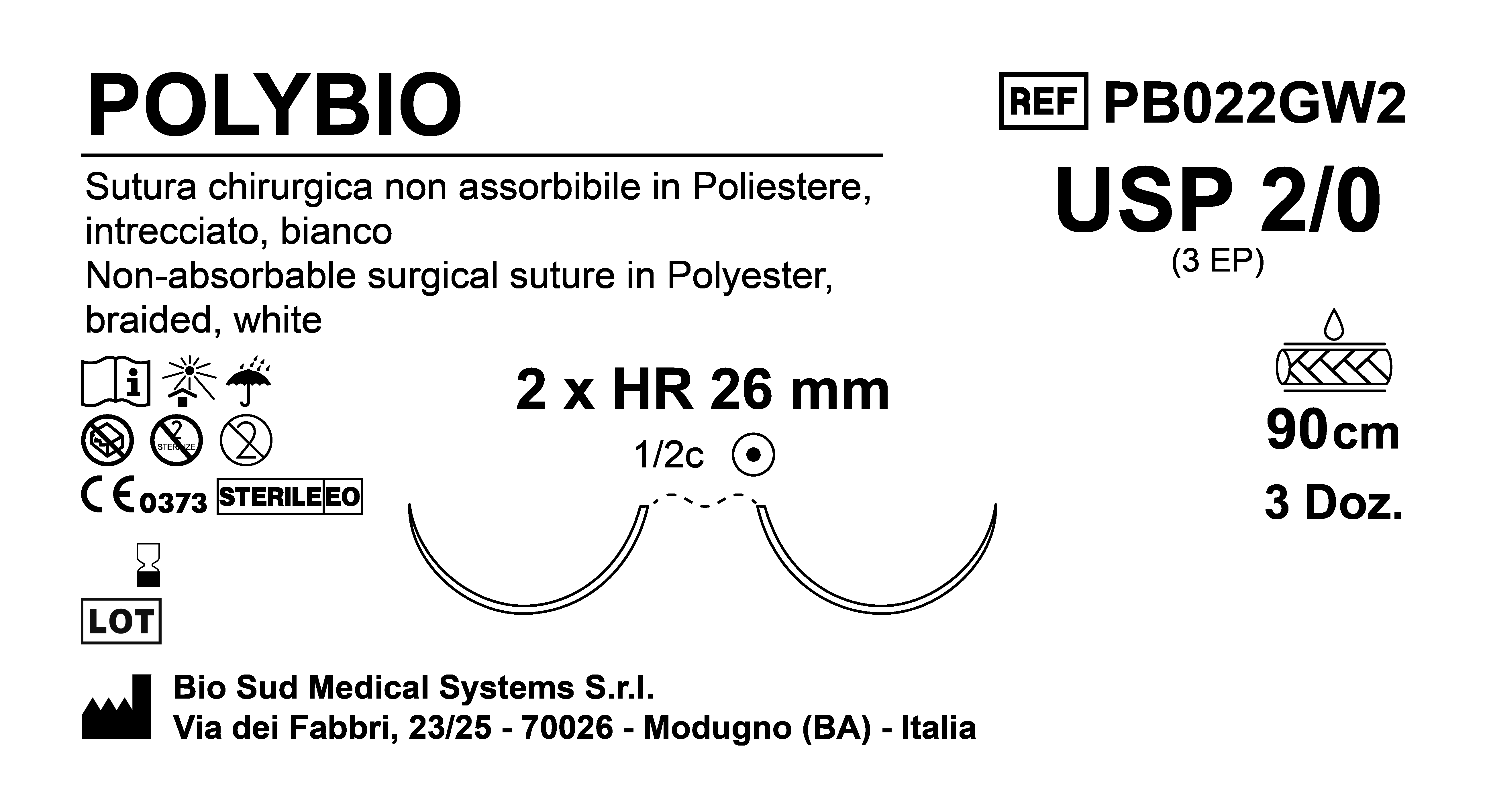 Sutura Polybio HR26 USP 2-0 - EP 3 90 cm White Double Armed  Box 36 pcs