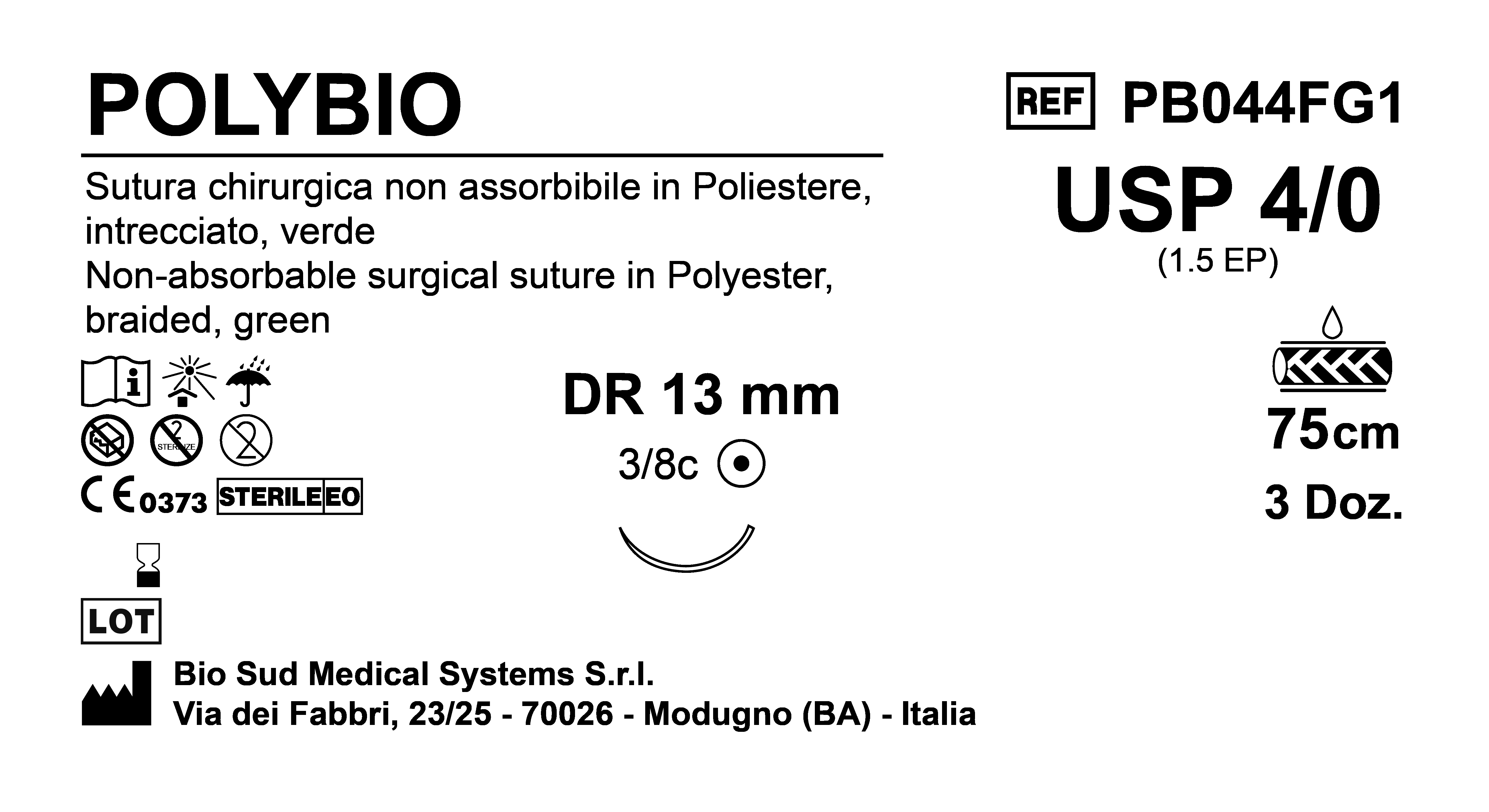Sutura Polybio DR13 USP 4-0  - EP 1.5 75 cm Green Box 36 pcs