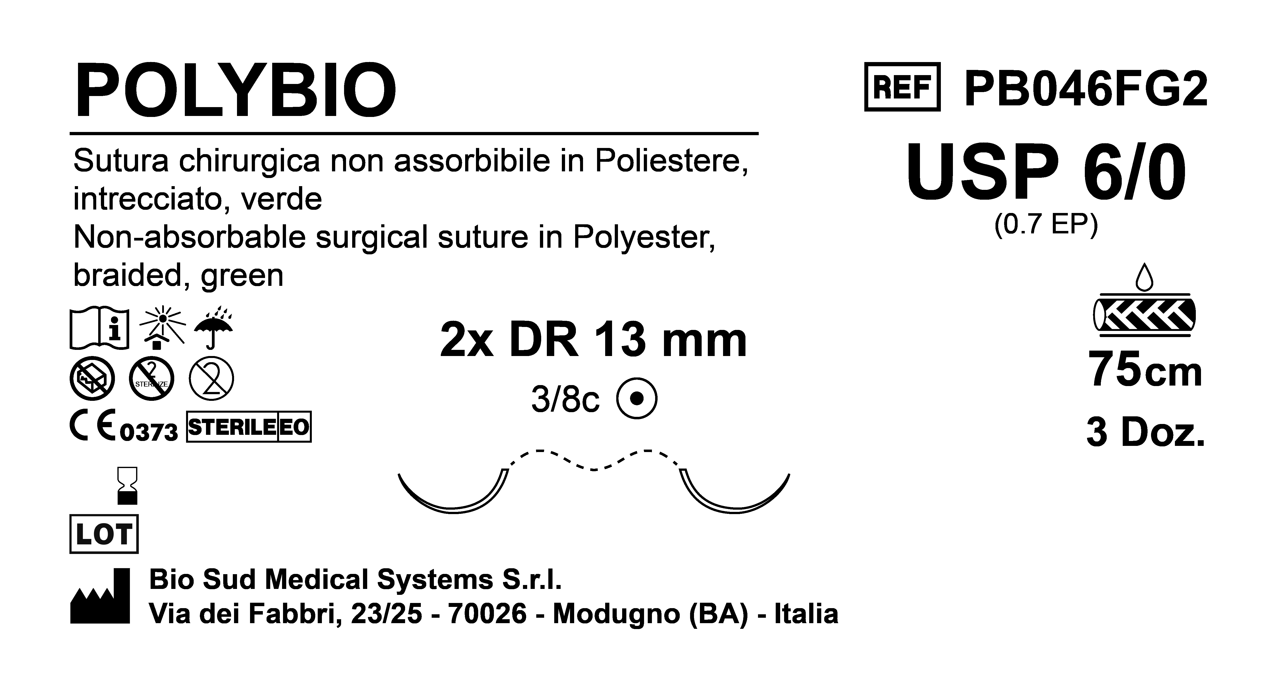 Sutura Polybio DR 13 USP 6-0 - EP 0.7 75 cm Green Double Armed  Box 36 pcs