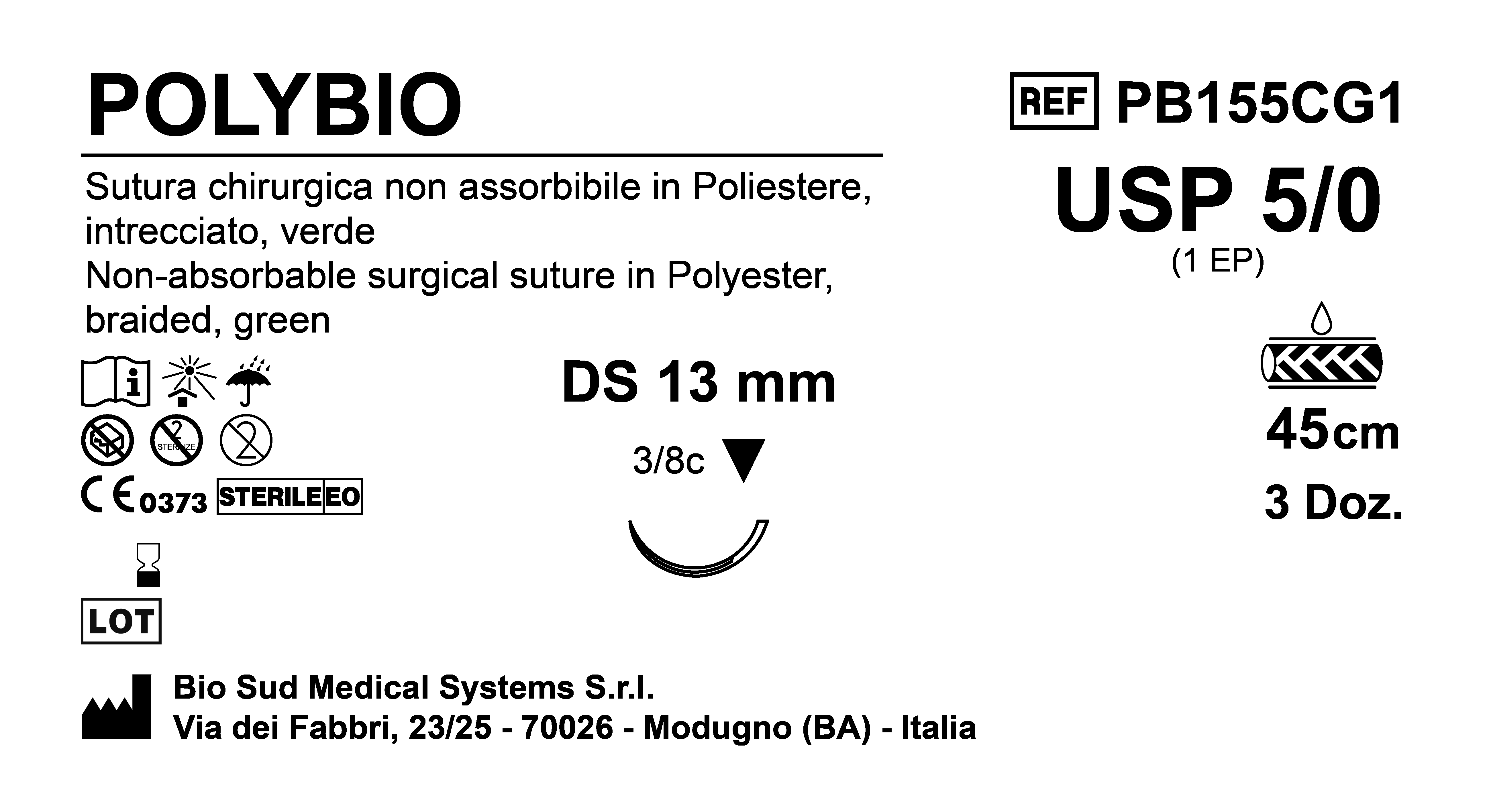 Sutura Polybio DS 13 USP 5-0 - EP 1 45 cm Green Box 36 pcs