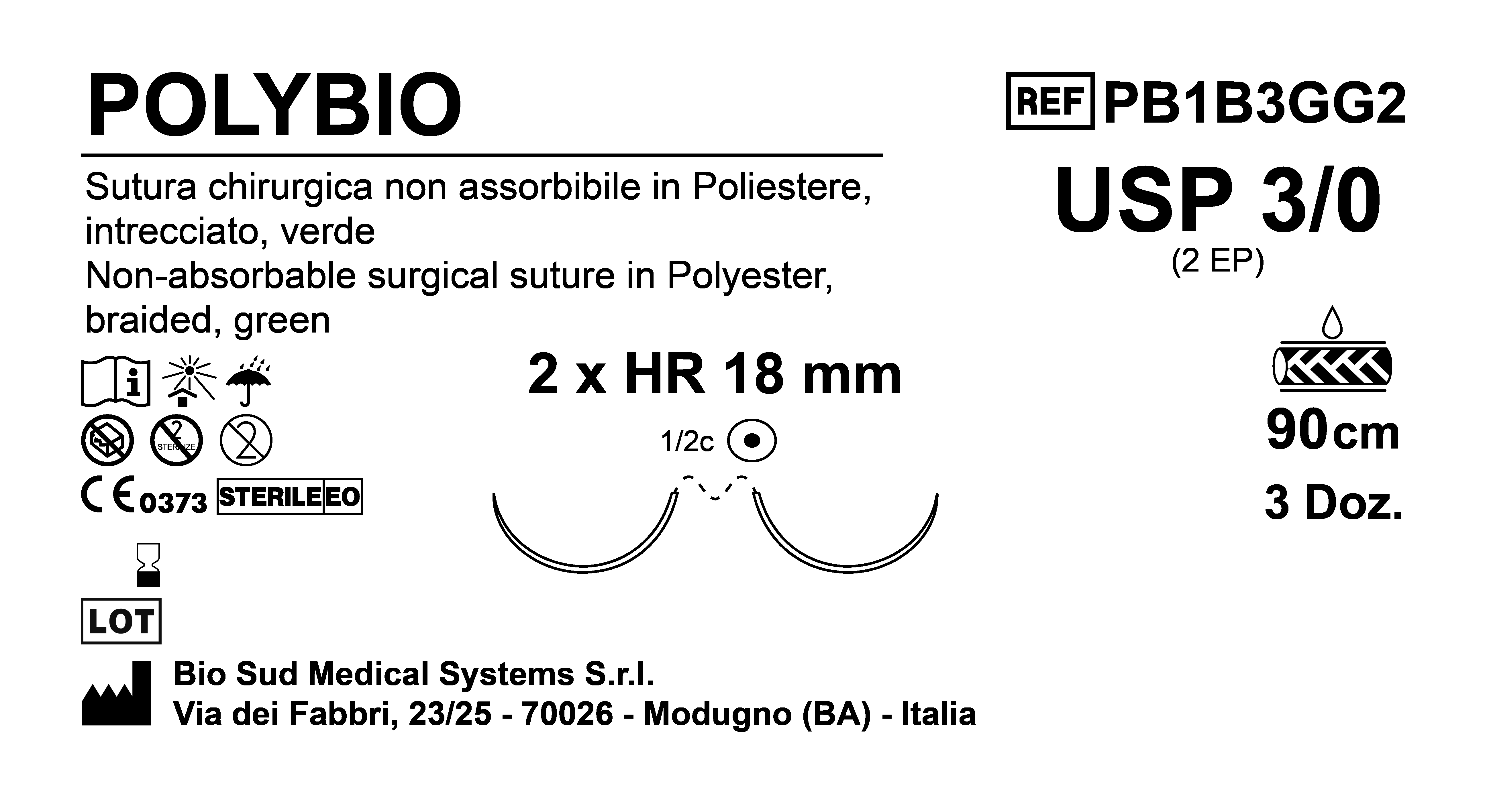 Sutura Polybio HR18 USP 3-0 - EP 2 90 cm Green Double Armed  Box 36 pcs