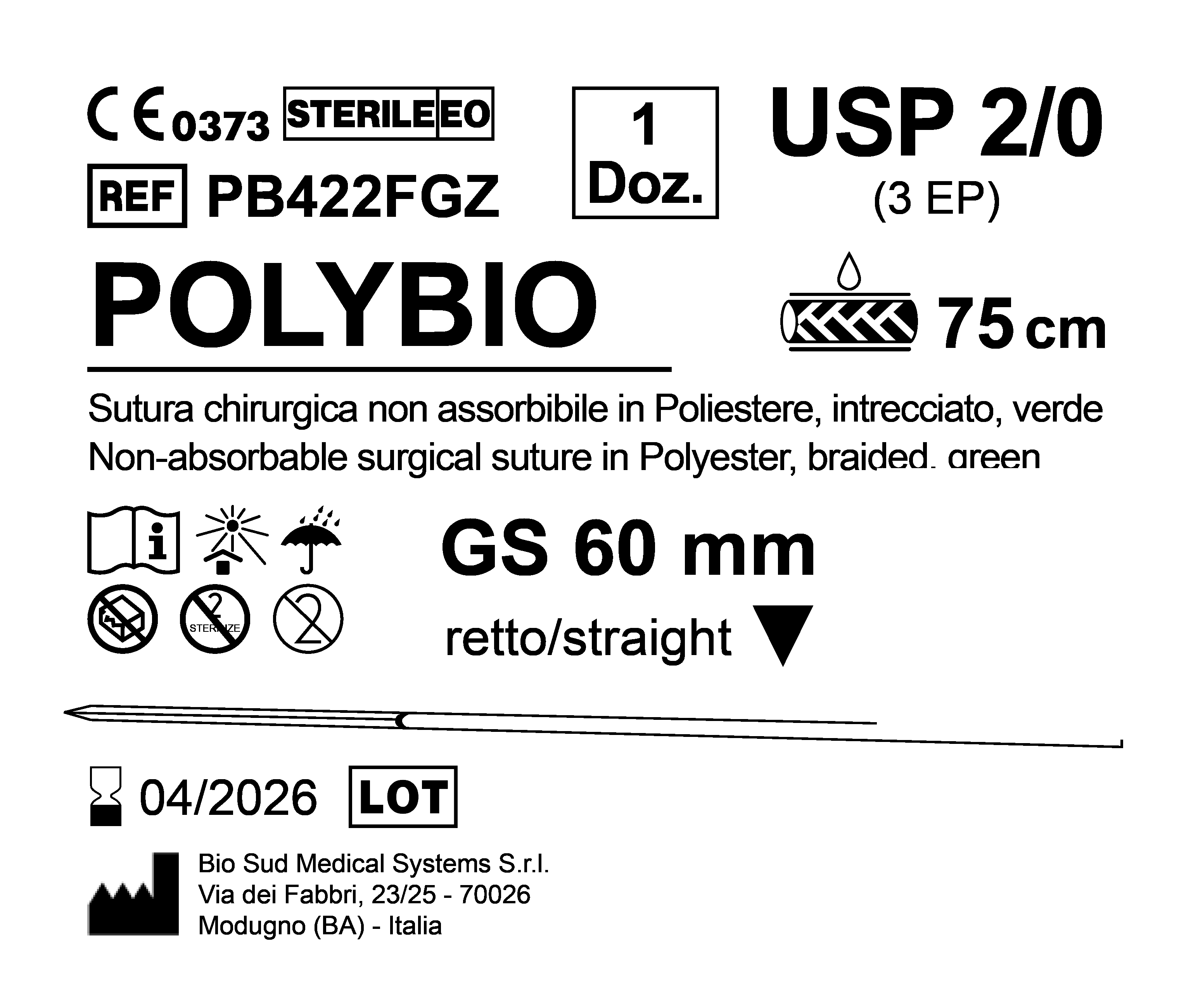 Sutura Polybio GS 60 USP 2-0 - EP 3 75 cm Green Box 12 pcs