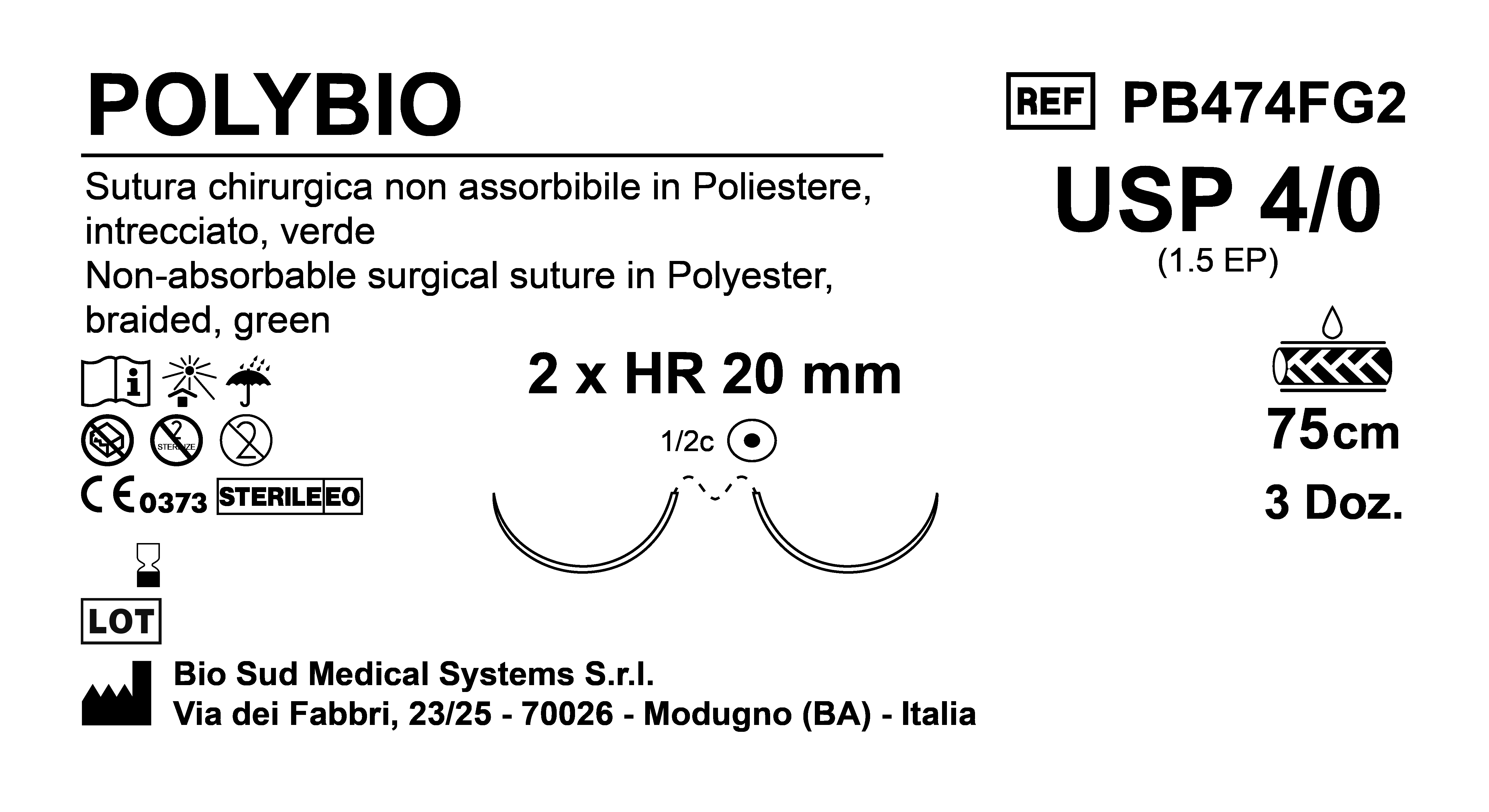 Sutura Polybio HR20 USP 4-0  - EP 1.5 75 cm Green Double Armed  Box 36 pcs