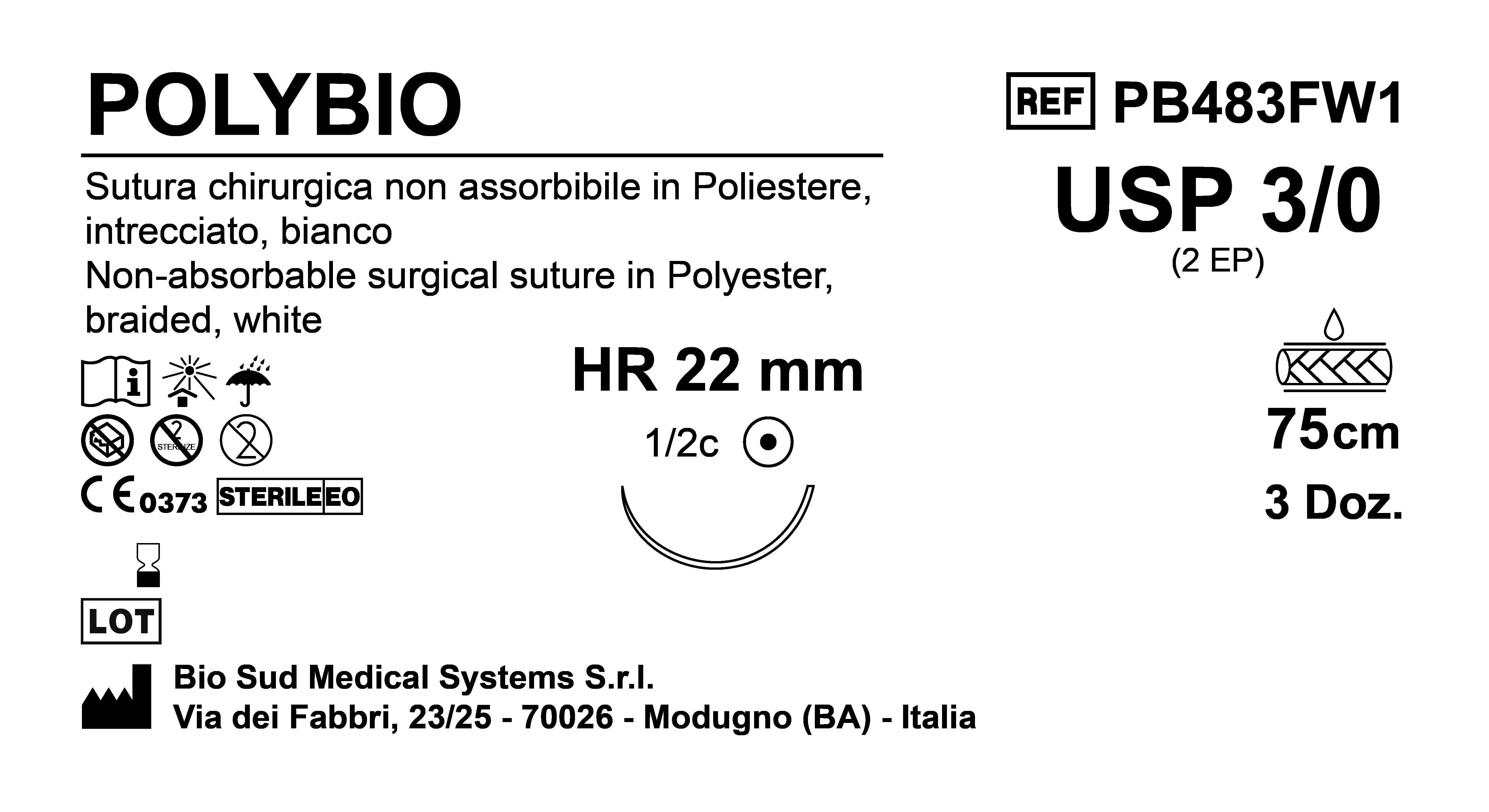 Sutura Polybio HR 22 USP 3-0 - EP 2 75 cm White Box 36 pcs