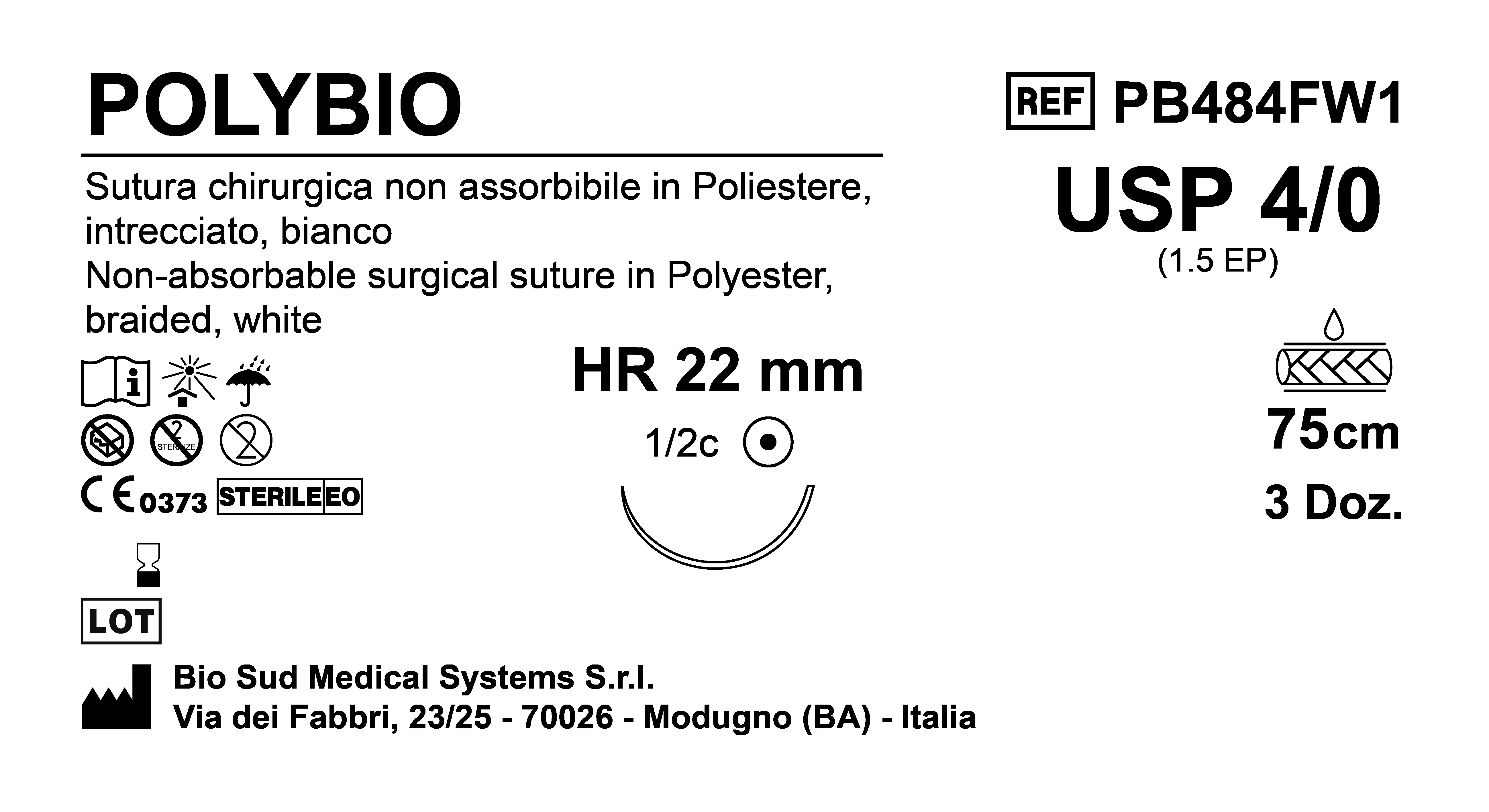 Sutura Polybio HR 22 USP 4-0  - EP 1.5 75 cm White Box 36 pcs