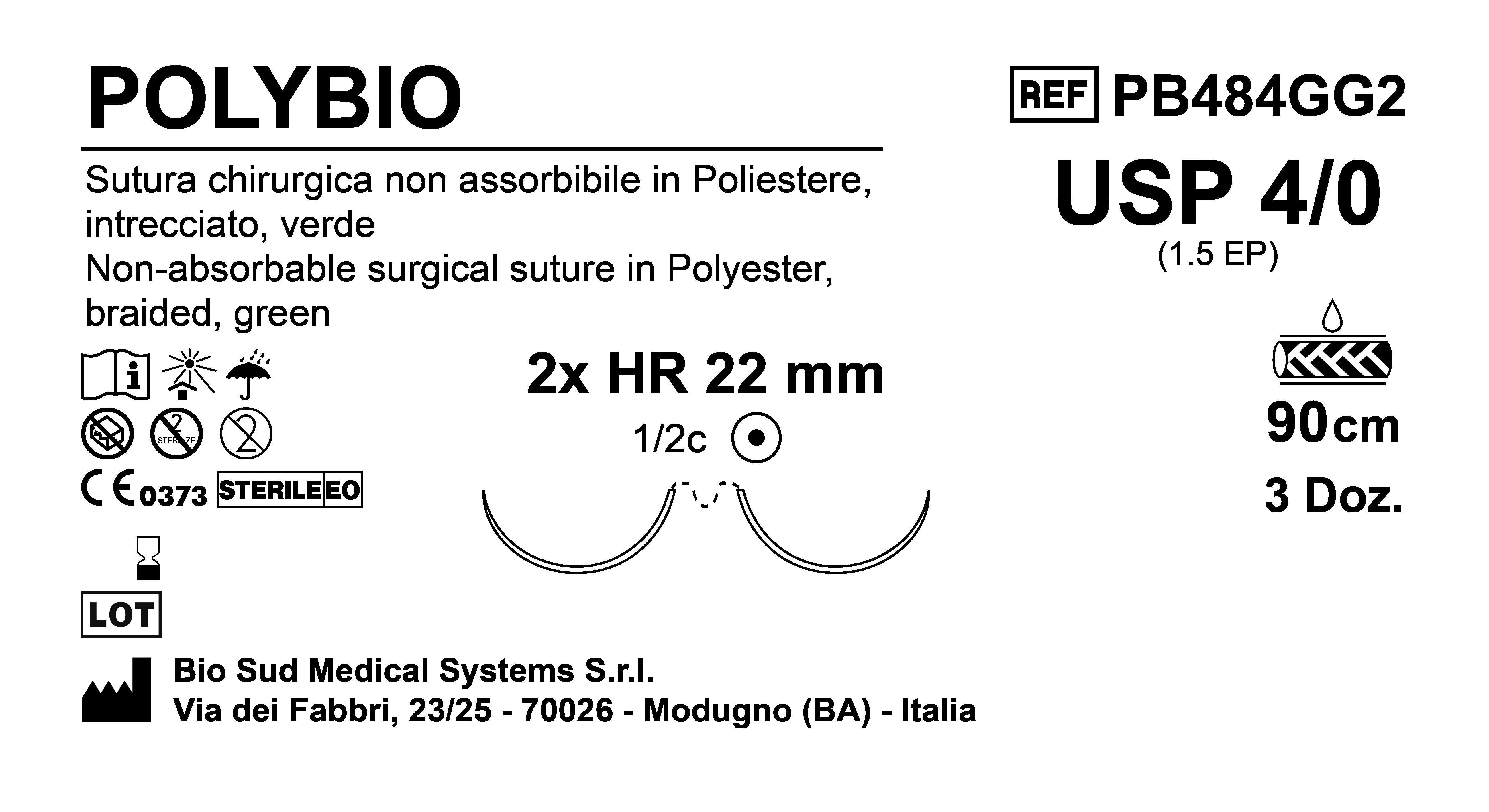 Sutura Polybio HR22 USP 4-0  - EP 1.5 90 cm Green Double Armed  Box 36 pcs